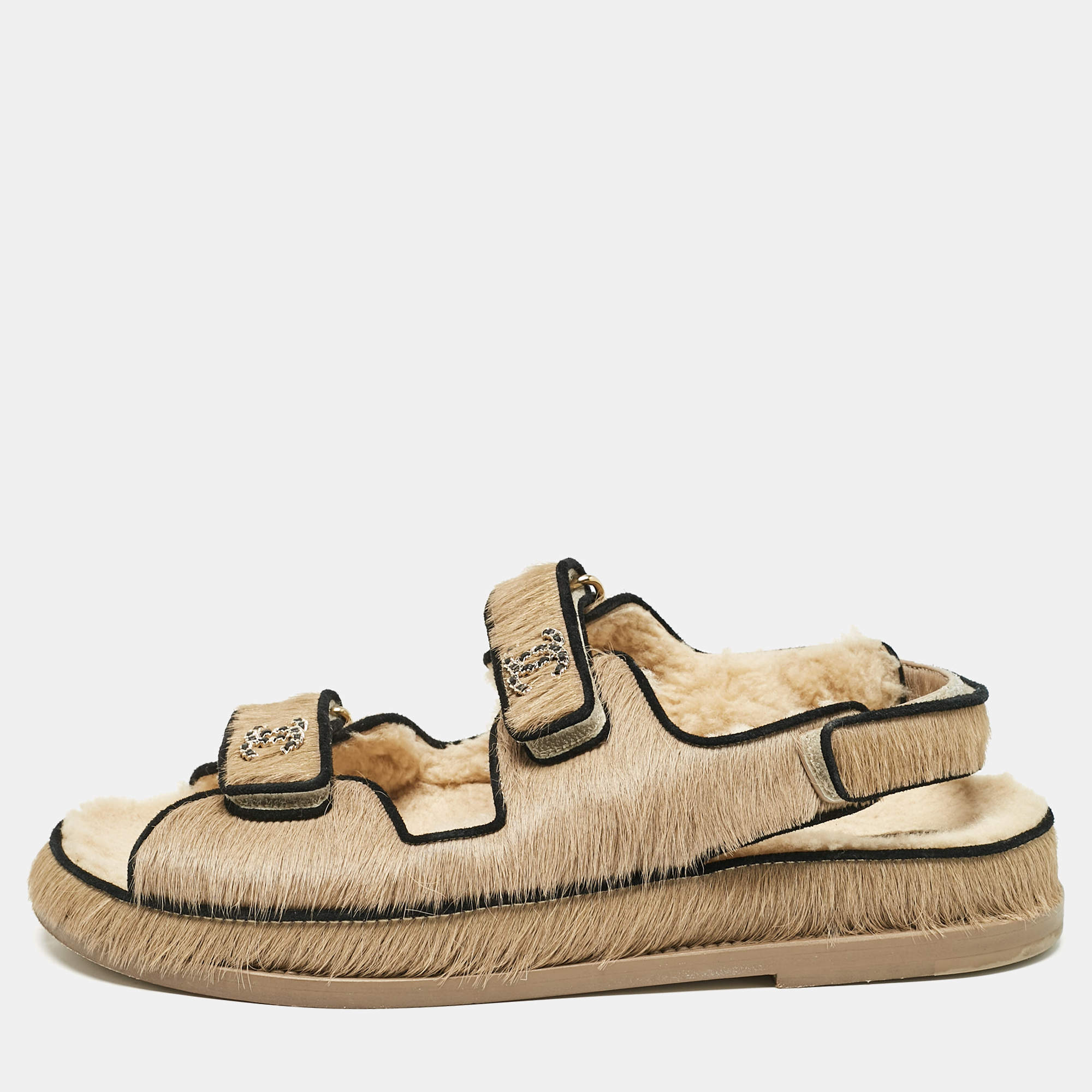 Pre Owned Chanel Brown Calf Hair and Shearling Fur Dad Slingback Sandals Size 40.5