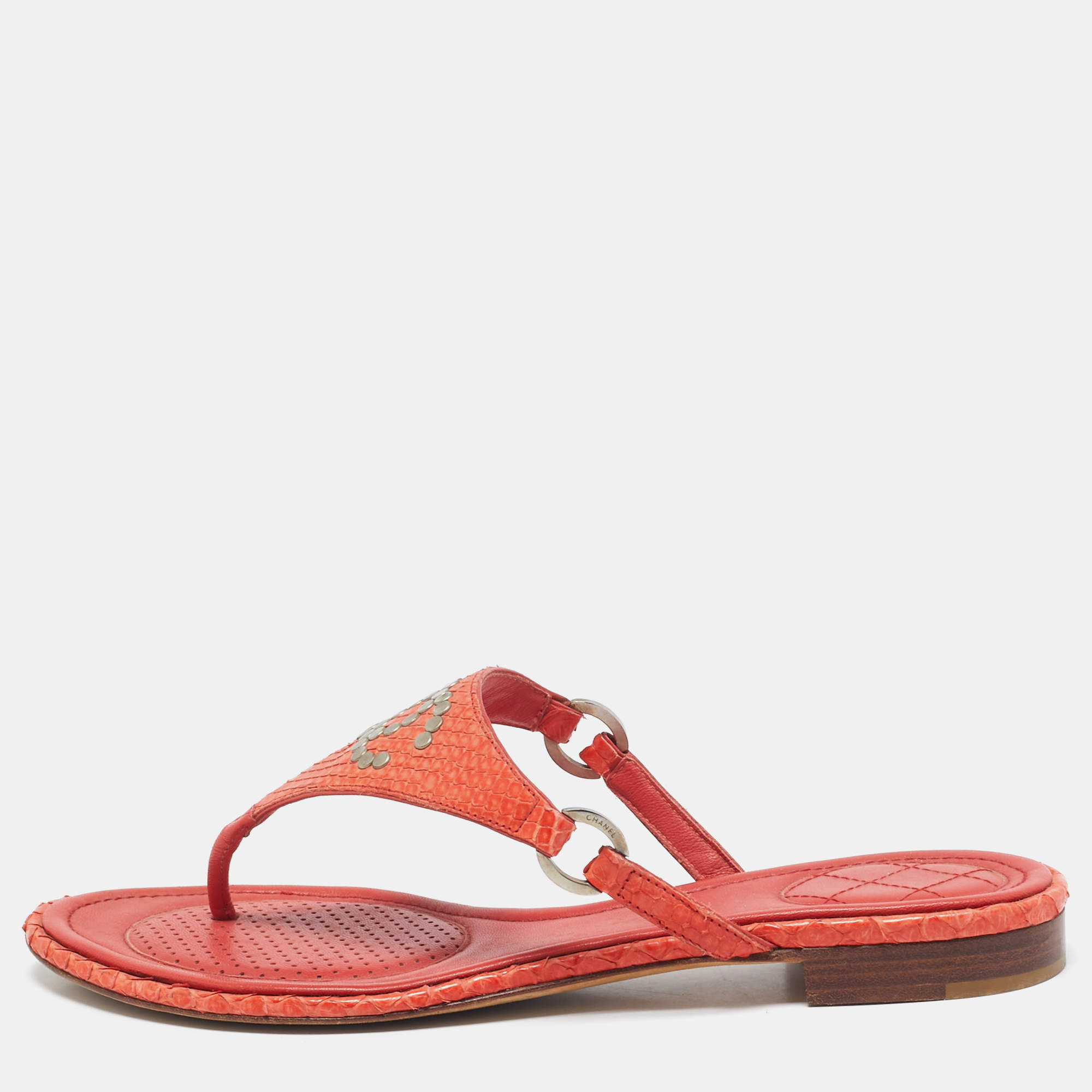 Chanel Orange Python Leather CC Thong Flat Slides  Size 38
