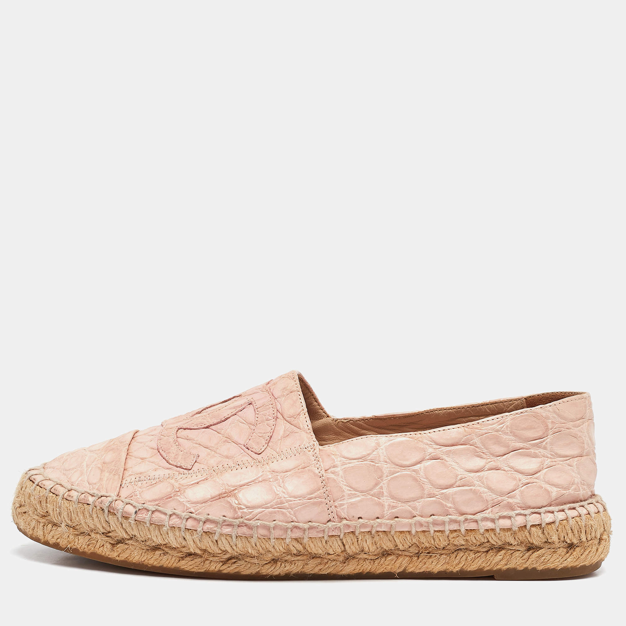 Chanel Pink Crocodile Leather CC Espadrille Flats Size 39