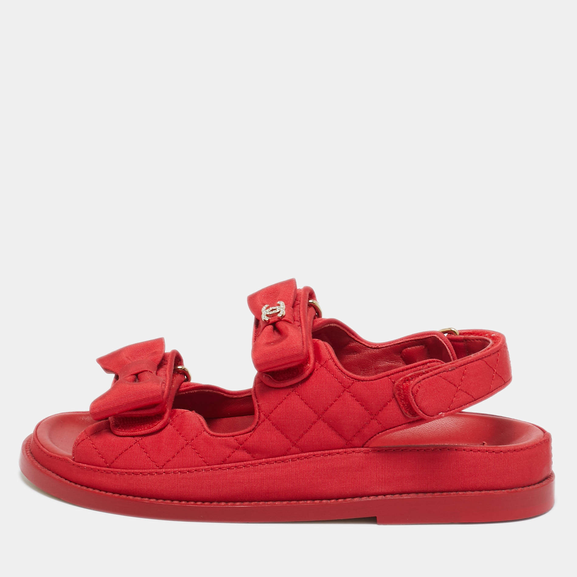 Chanel Red Quilted Fabric Dad Bow Flat Sandals Size 36.5