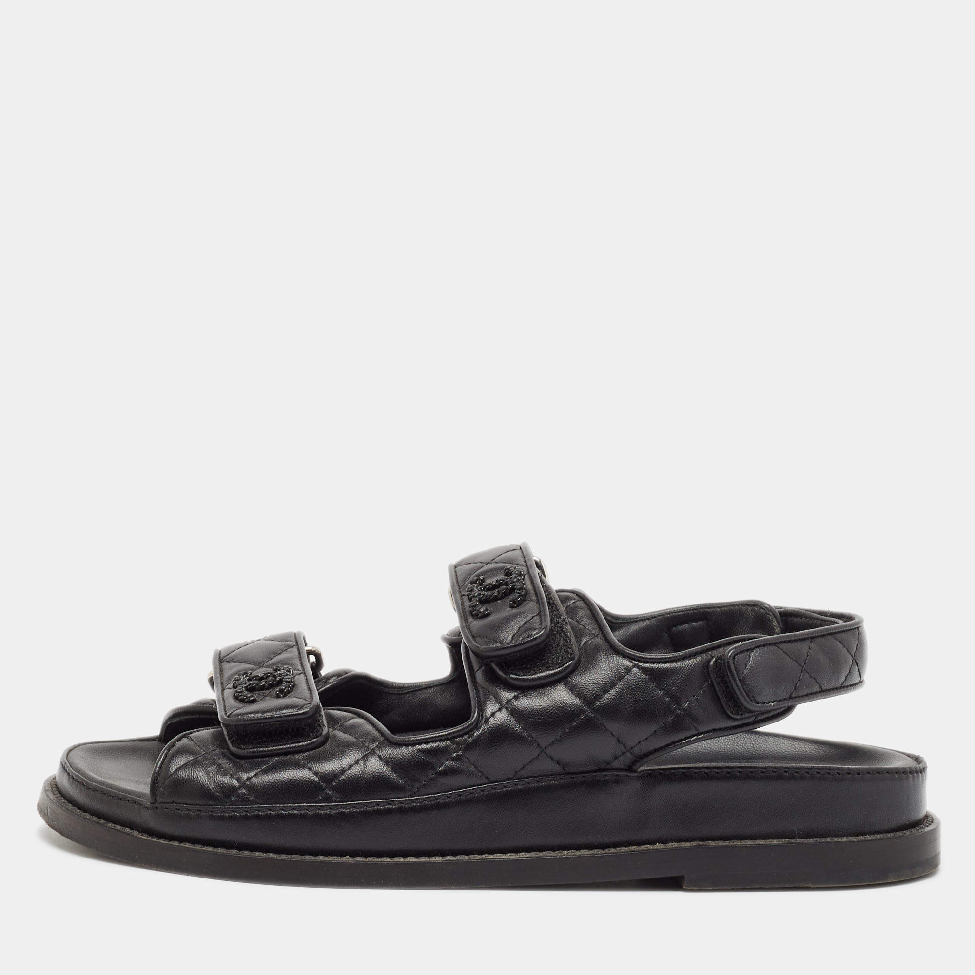 Chanel Black Quilted Leather CC Dad Sandals Size 38