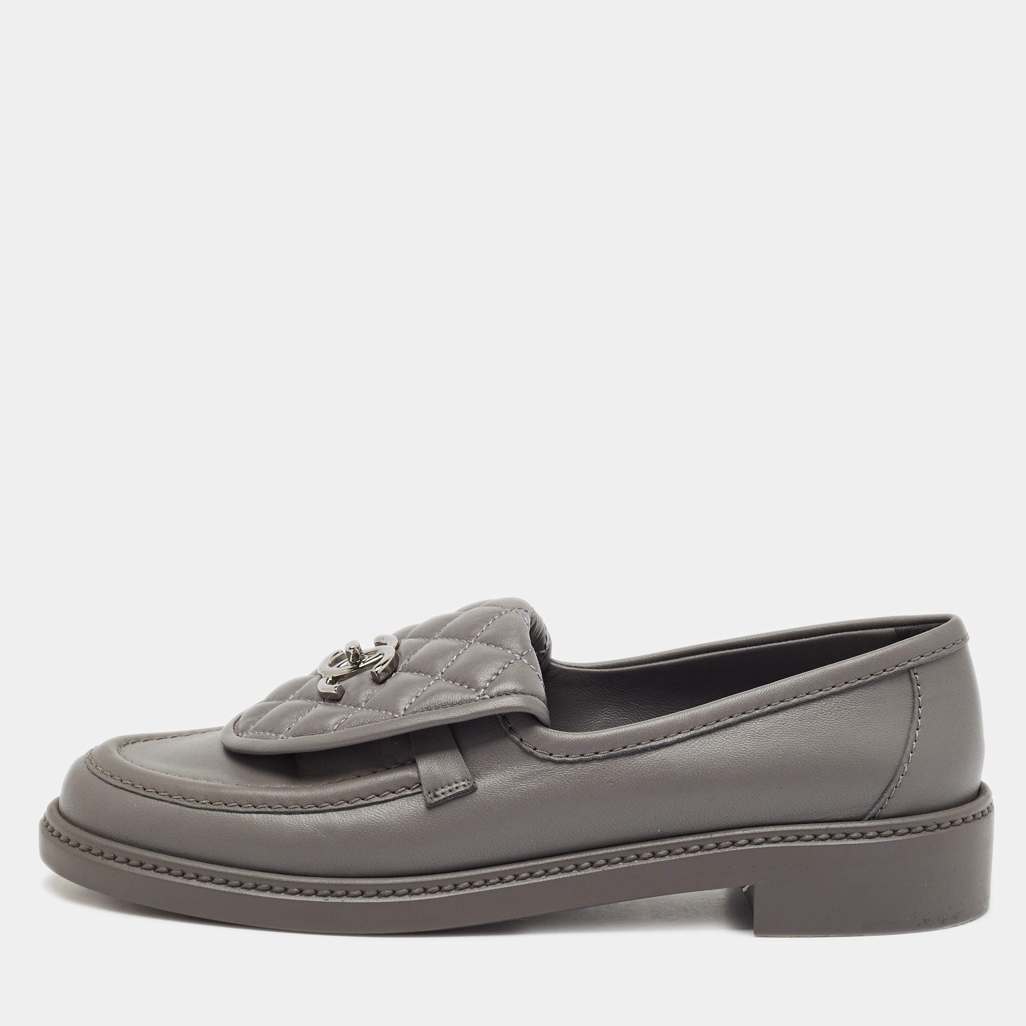 Chanel Grey Quilted Leather CC Turnlock Loafers Size 40.5