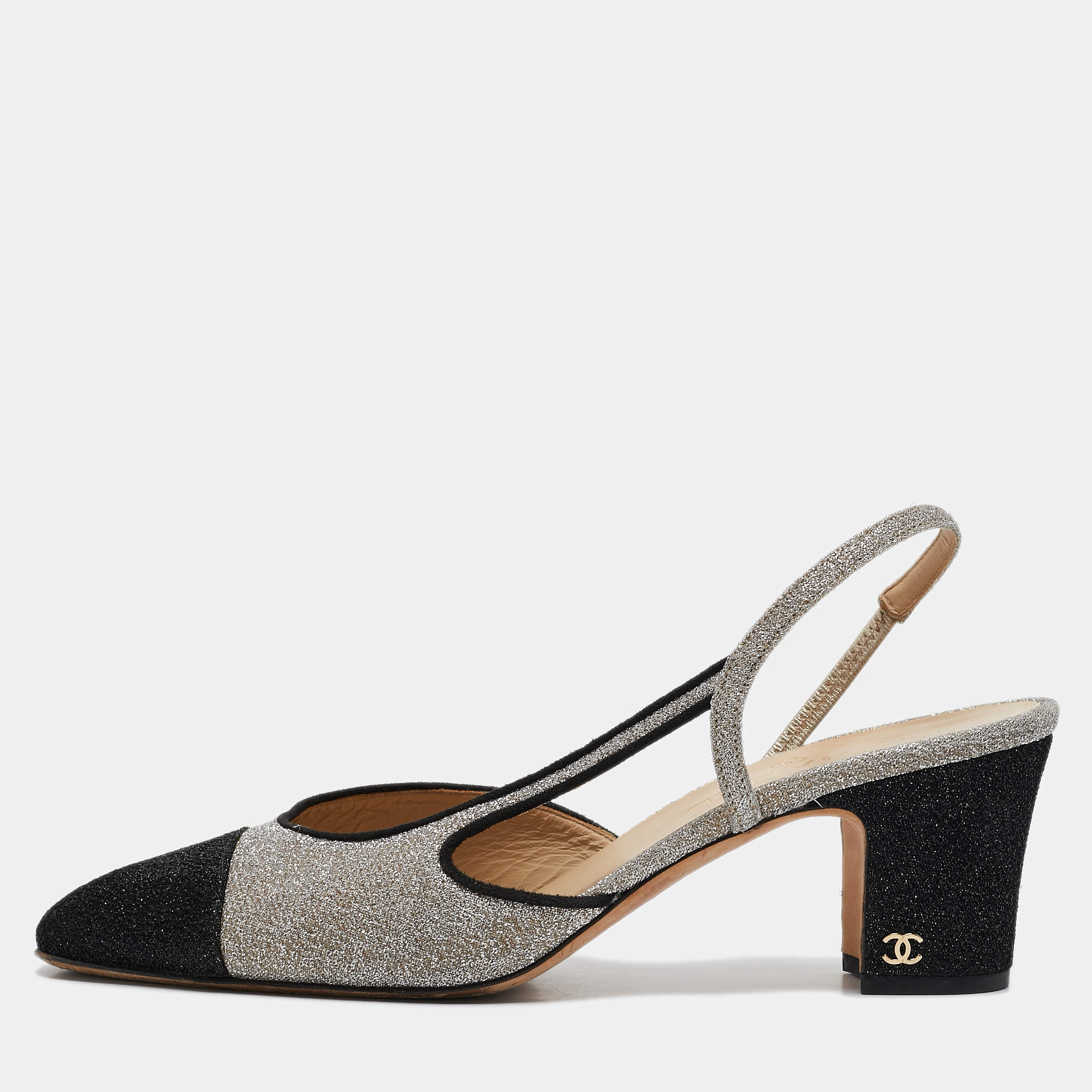 Pre Owned Chanel Silver/Black Lurex Fabric CC Cap Toe Slingback Pumps Size 41.5