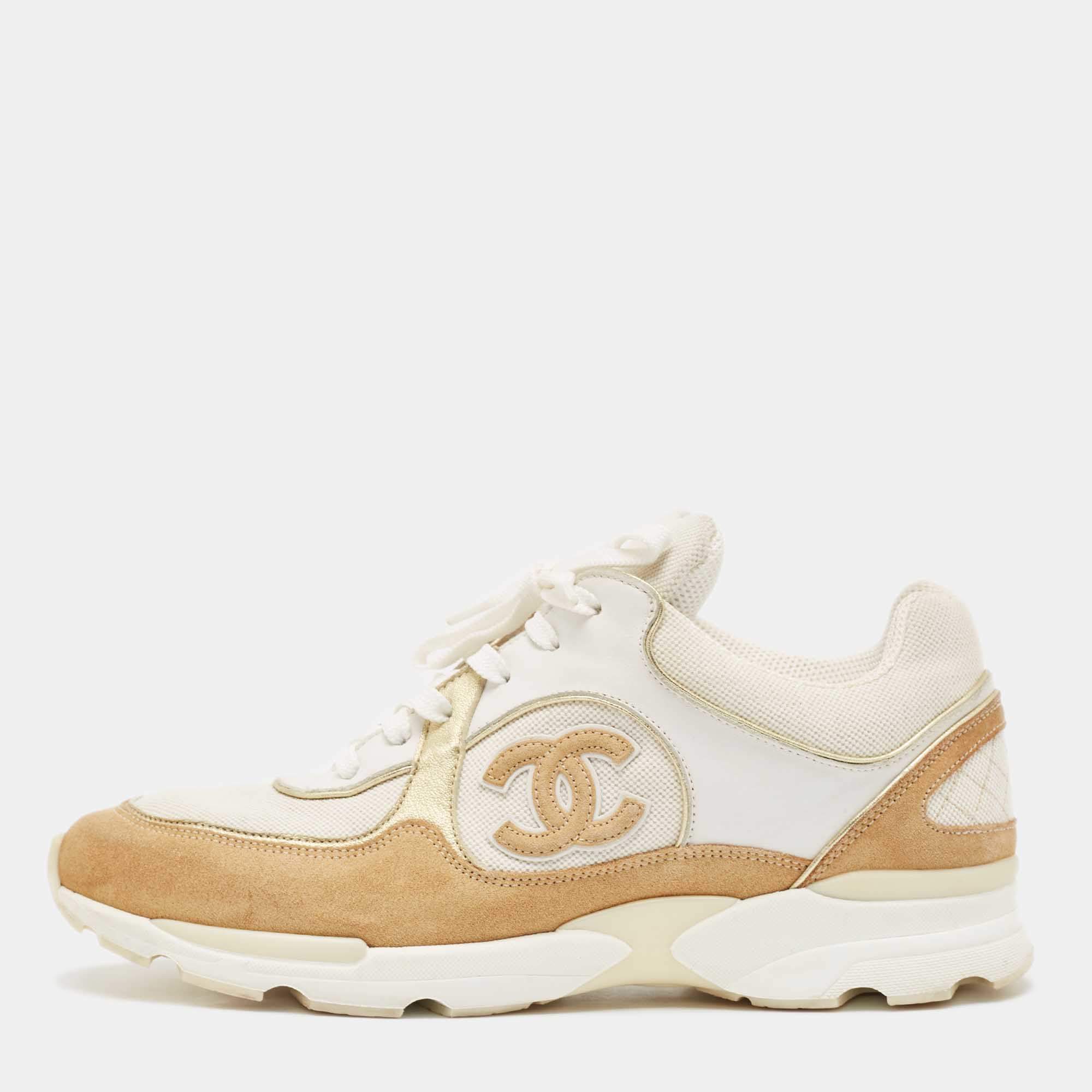 Pre Owned Chanel White/Beige Mesh And Suede CC Low Top Sneakers Size 40.5