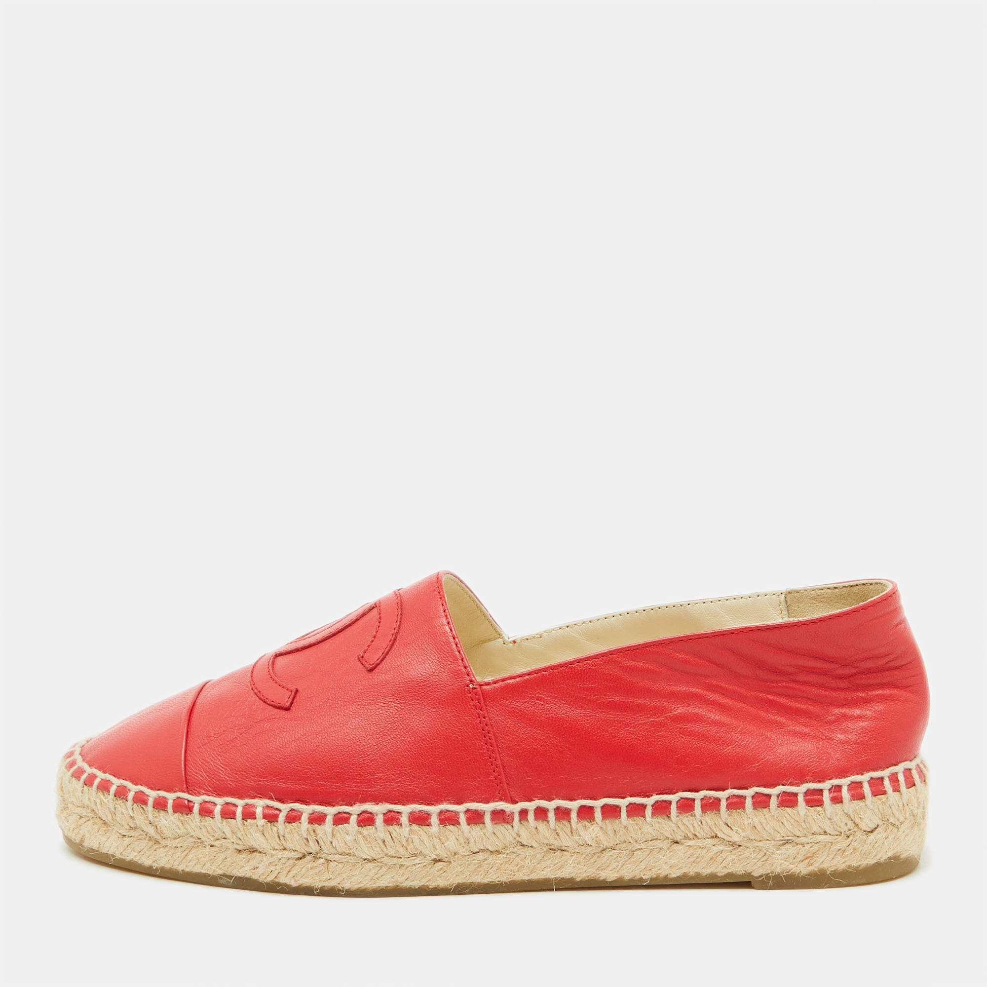 Chanel Red Leather CC Cap Toe Espadrille Flats Size 37