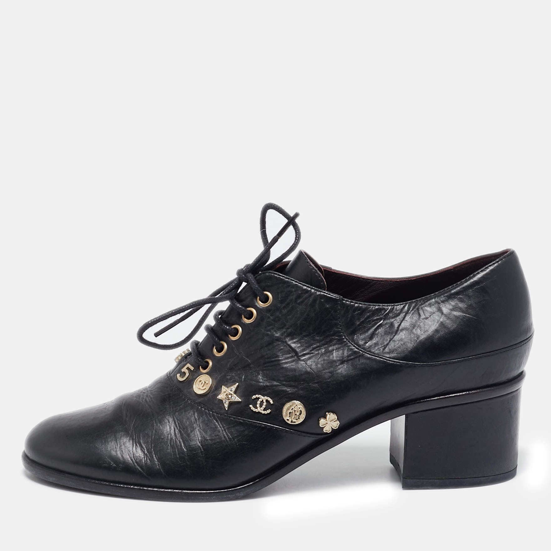 Chanel Black Leather Lucky Charms Oxfords Size 39.5