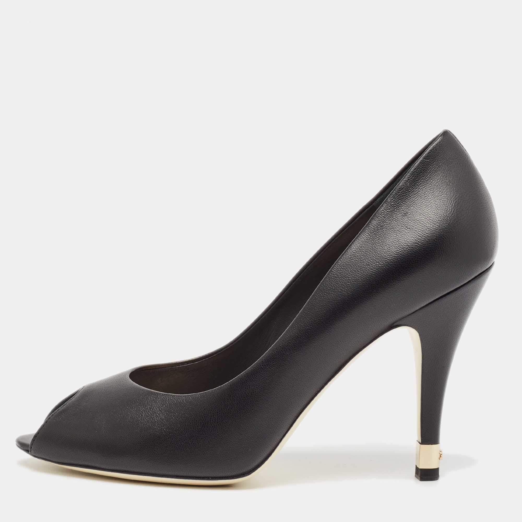Pre Owned Chanel Black Leather Peep Toe CC Pearl Heel Pumps Size 38.5