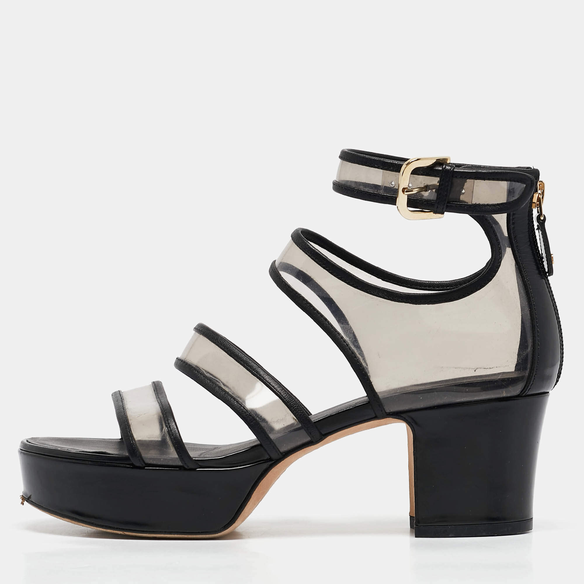 Chanel Black Leather and PVC Ankle Strap Sandals Size 38