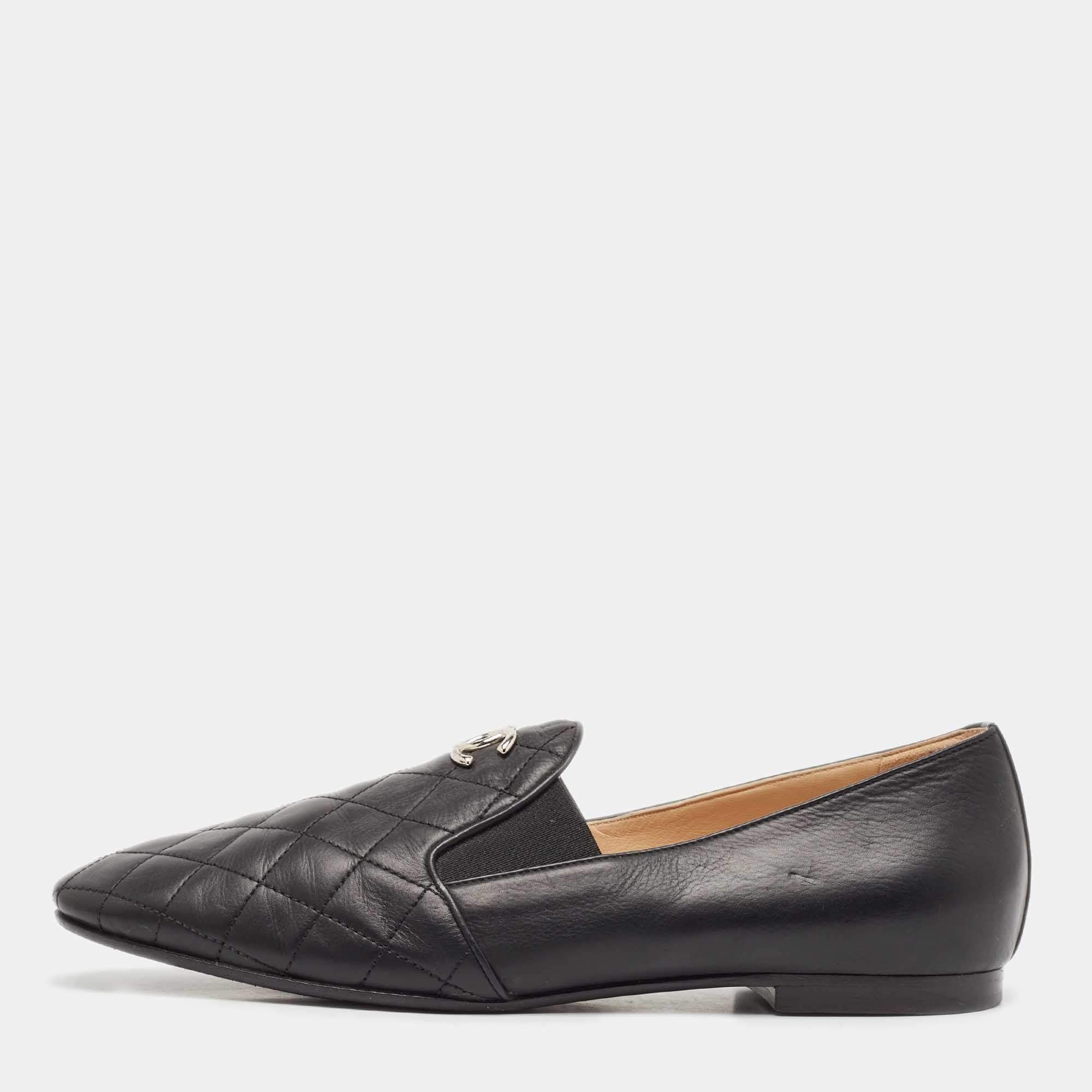 Pre Owned Chanel Black Leather CC Loafers Size 39.5