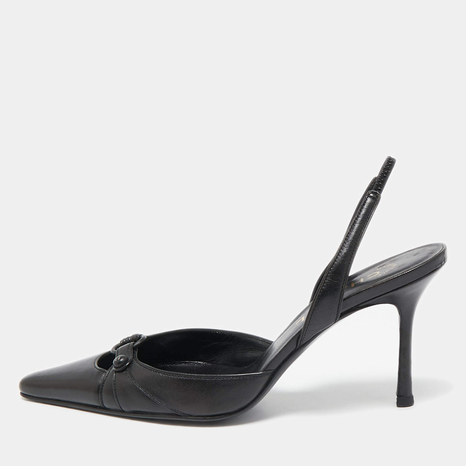 Pre Owned Chanel Black Leather Pointed Toe Slingback Pumps Size 38.5