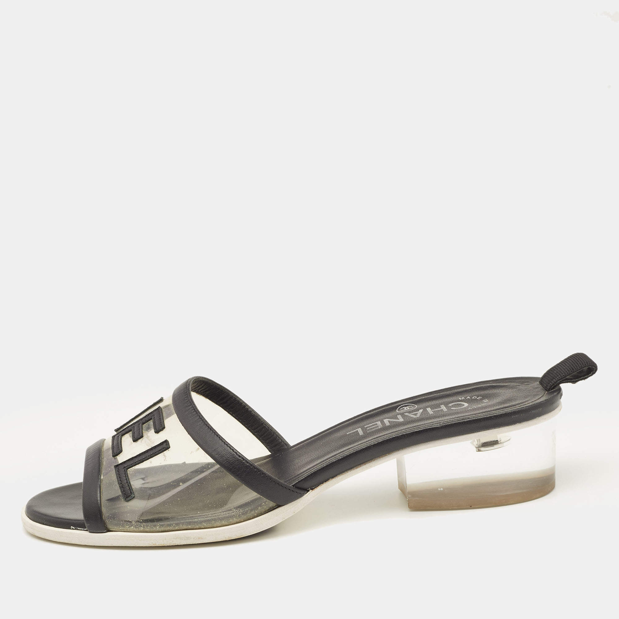 Chanel Black Leather and PVC Logo Block Heel Slide Sandals Size 39