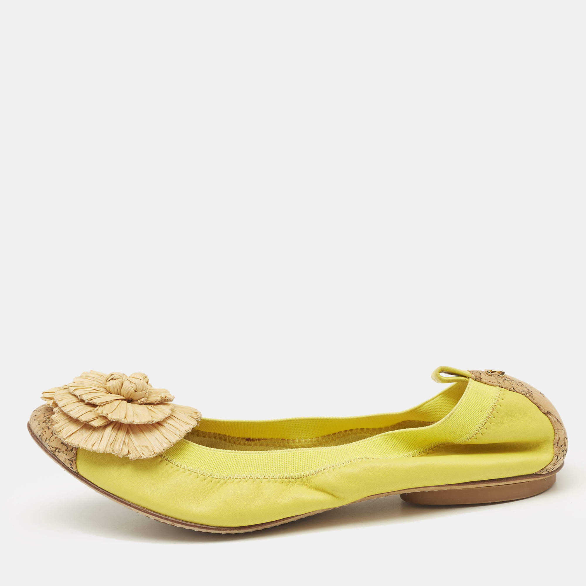 Chanel Yellow/Brown Cork and Leather Ballet Flats Size 39