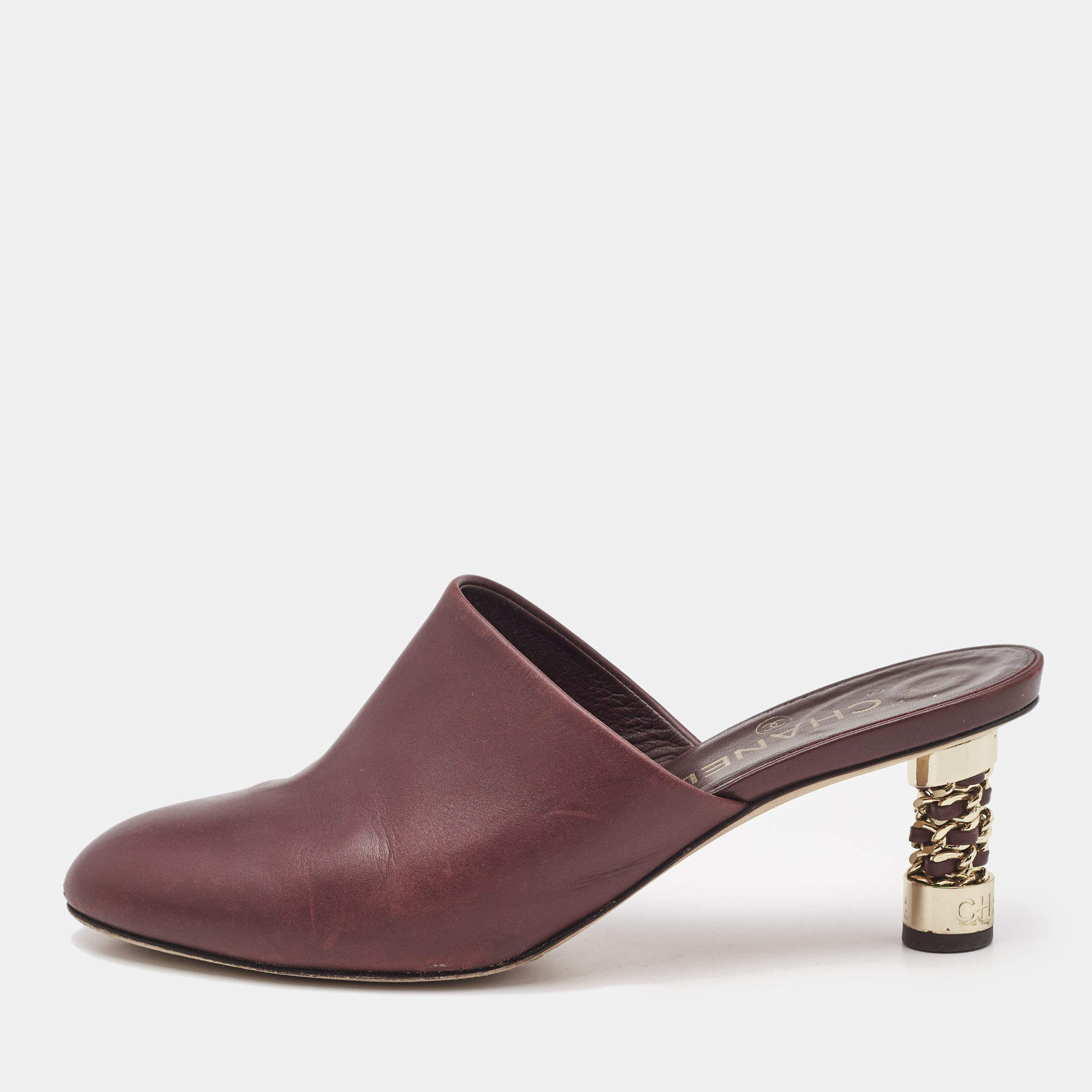 Chanel Burgundy Leather Chain Detail Heel Mules Size 39.5