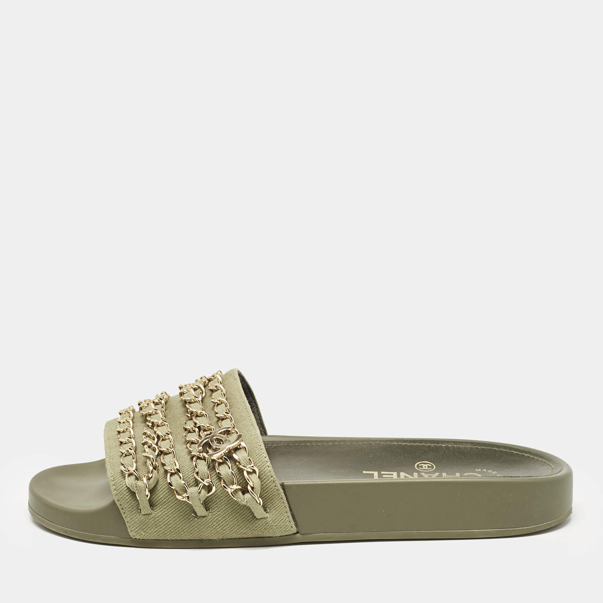 مملوكة مسبقًا Chanel Green Canvas Tropiconic Chain Link Flat Slides Size 39