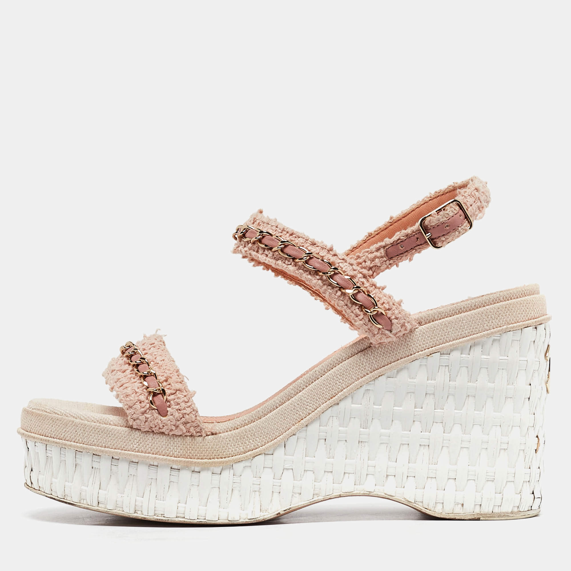 Chanel Pink Tweed Chain Link Platform Wedge Sandals Size 37.5