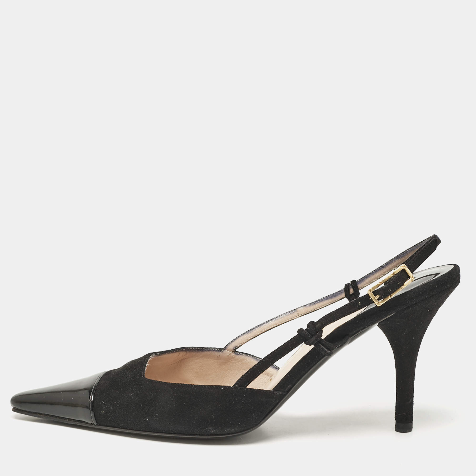 Chanel Black Patent Leather and Suede Pointed Toe Slingback Sandals Size 37.5