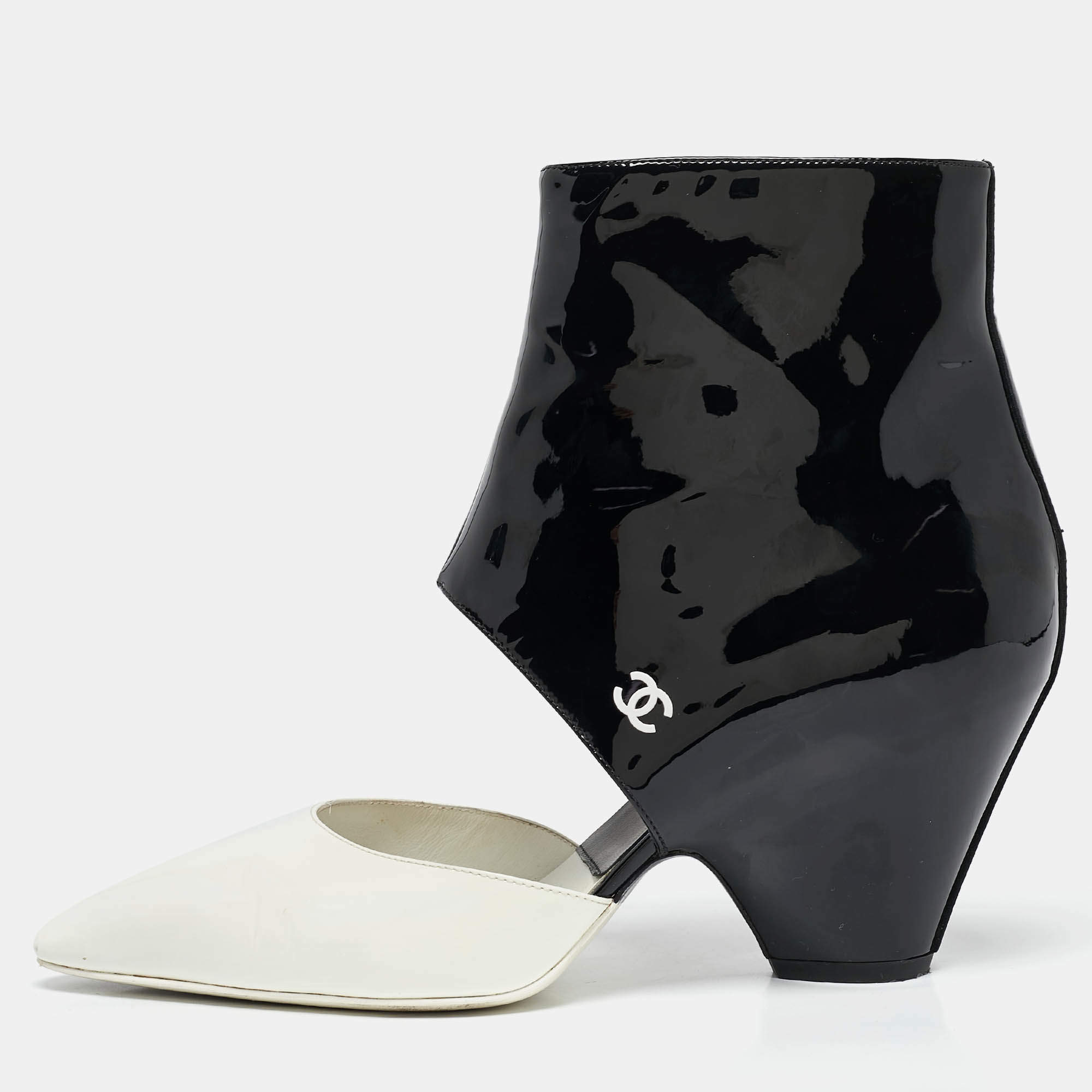 Chanel Black Patent Leather Cut Out Ankle Boots Size 39