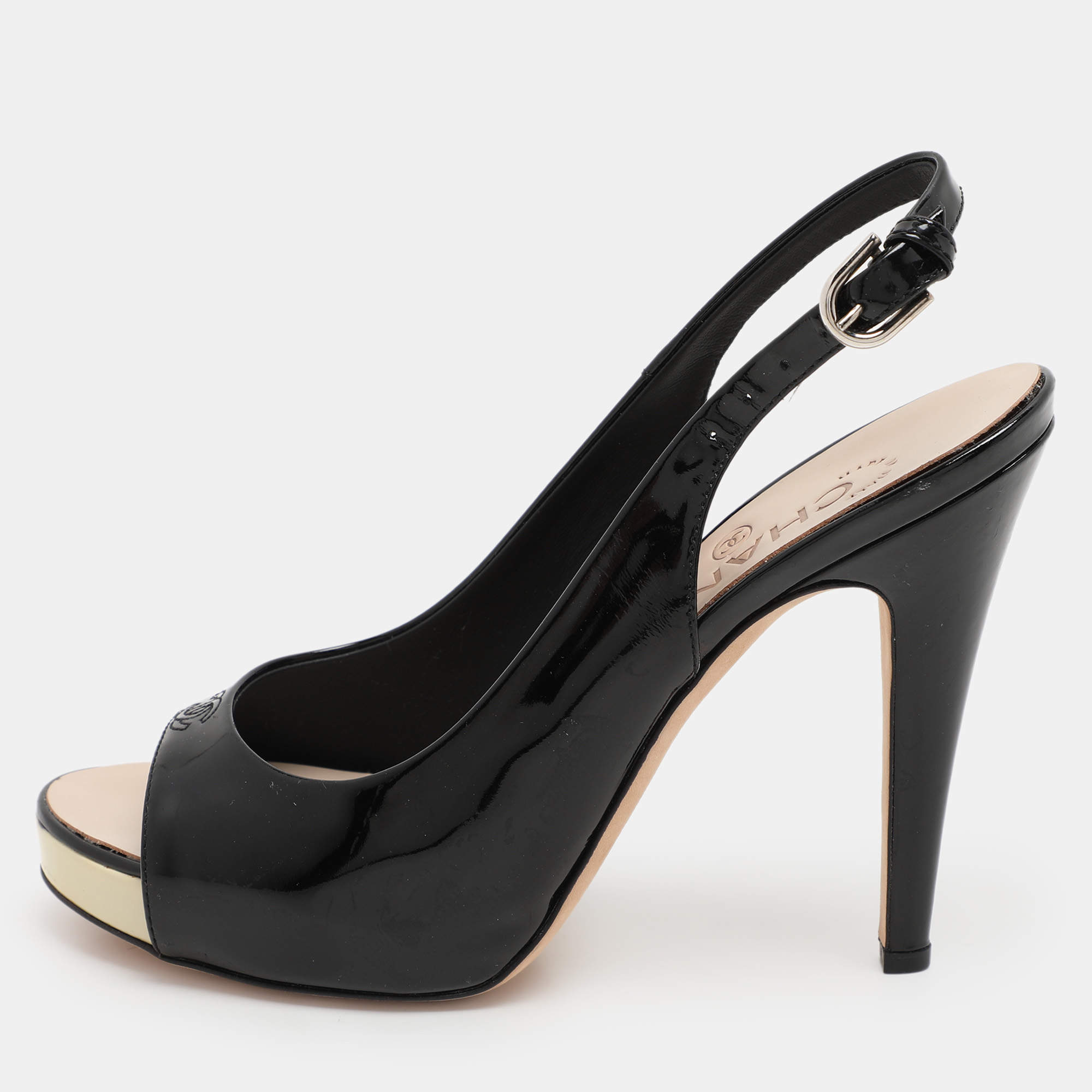 Pre Owned Chanel Black Patent Leather CC Slingback Sandals Size 36.5