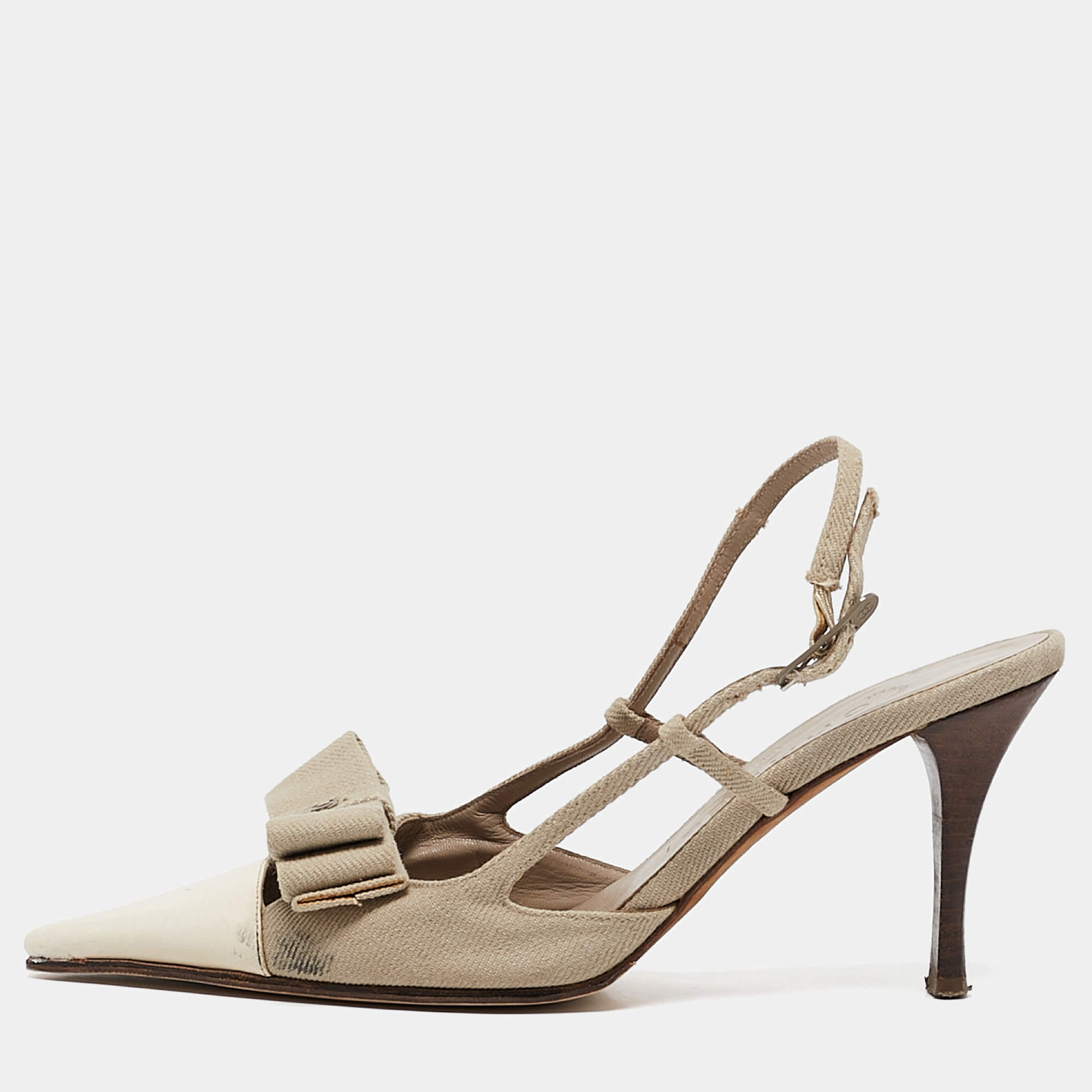 Pre Owned Chanel White/Grey Canvas and Leather CC Bow Slingback Pumps Size 37
