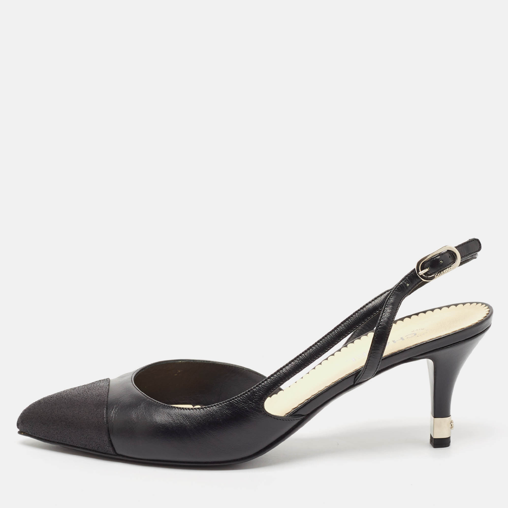 Pre Owned Chanel Black Leather Cap Toe Slingback Pumps Size 39