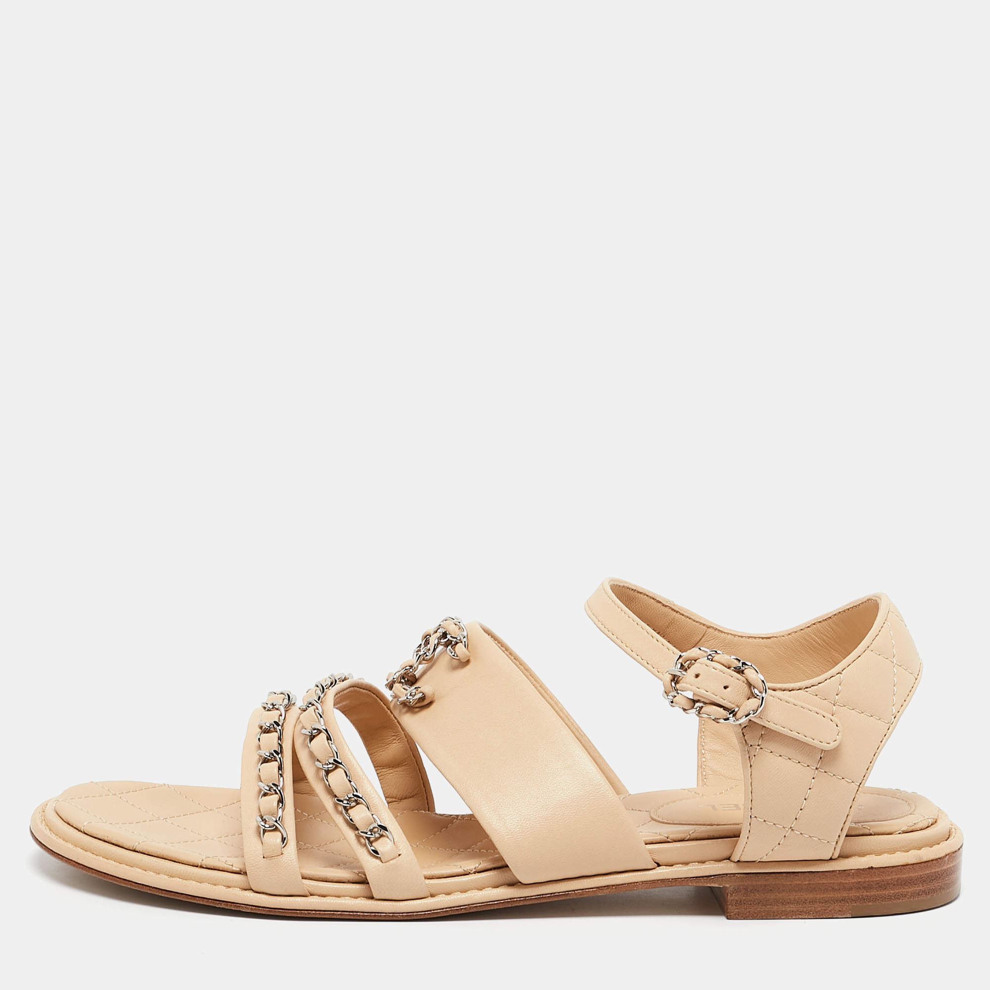 Pre Owned Chanel Beige Leather CC Chain Detail Ankle Strap Sandals Size 39