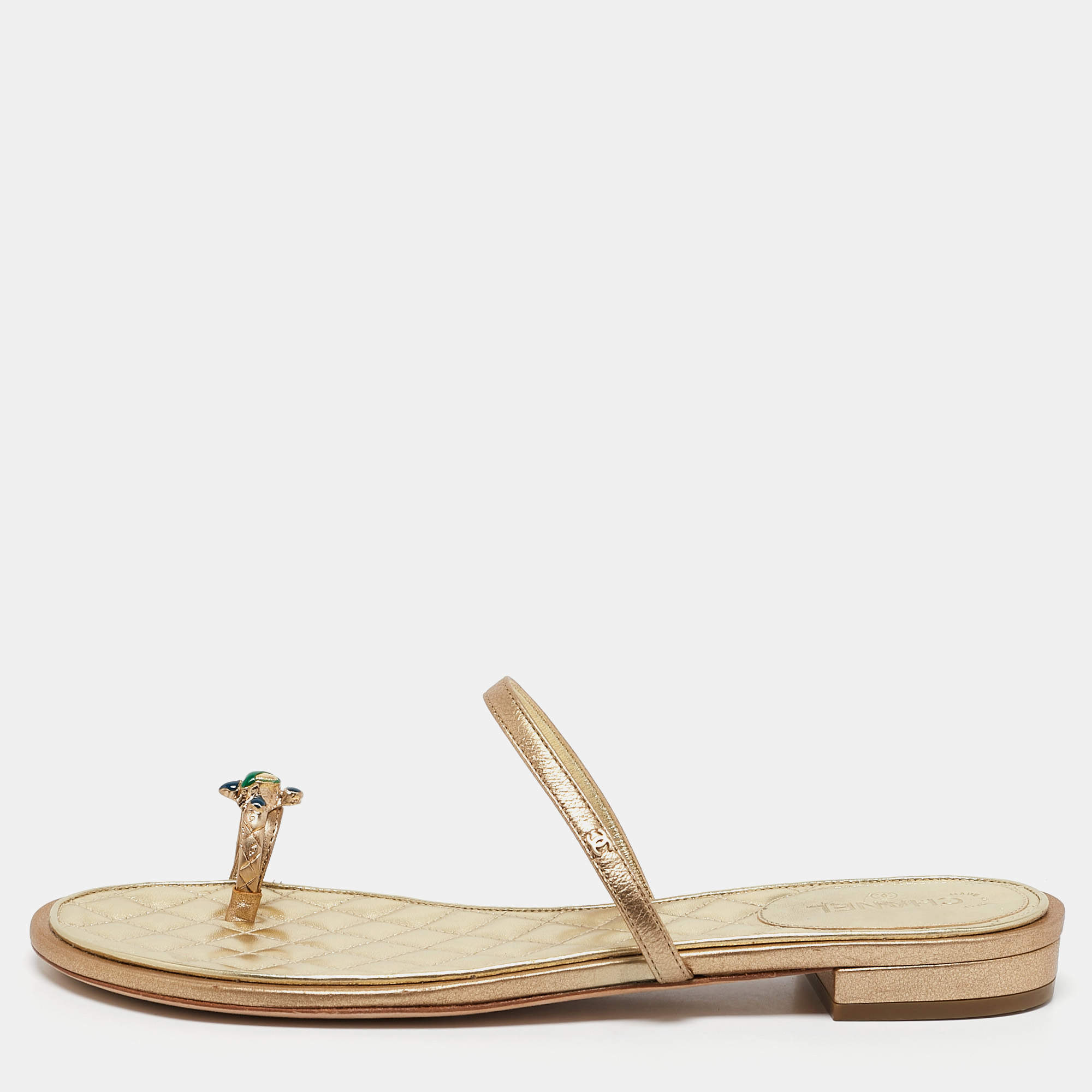 Chanel Metallic Gold Leather Enamel Embellished Toe Ring Flat Sandals Size 40