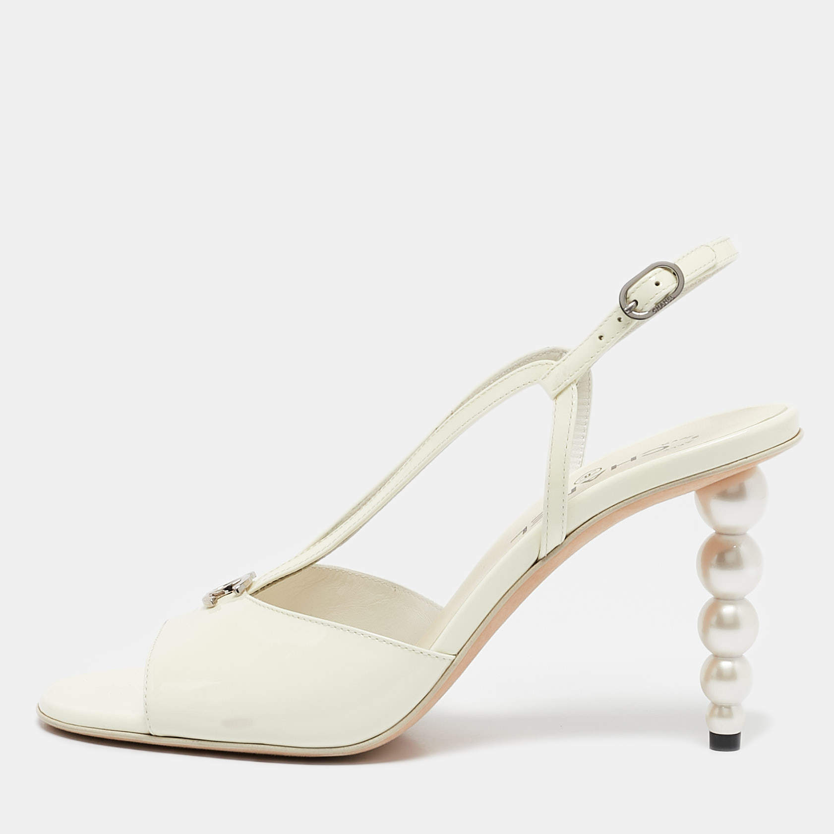Chanel  Cream Patent Crystal Embellished Slingback Sandals Size 40