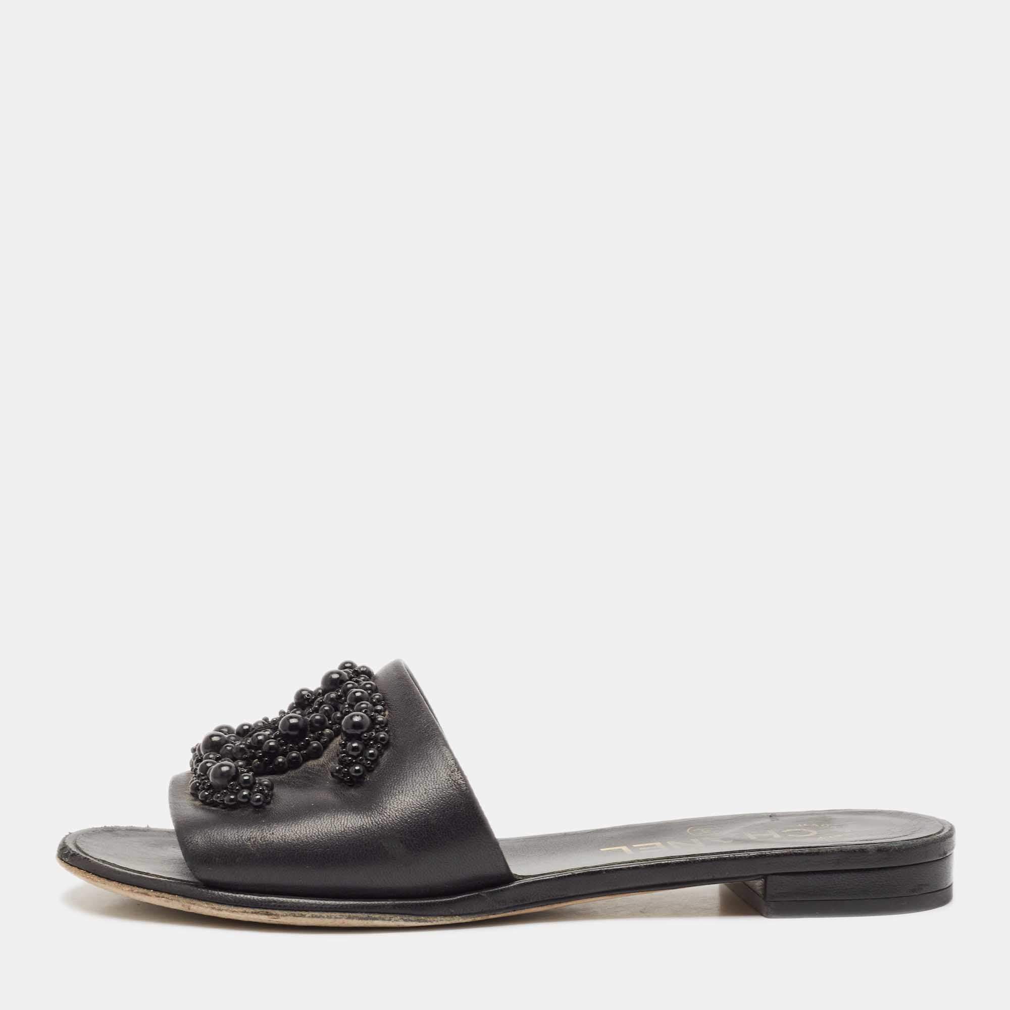 Chanel Black Leather Embellished CC Flat Slides Size 35.5