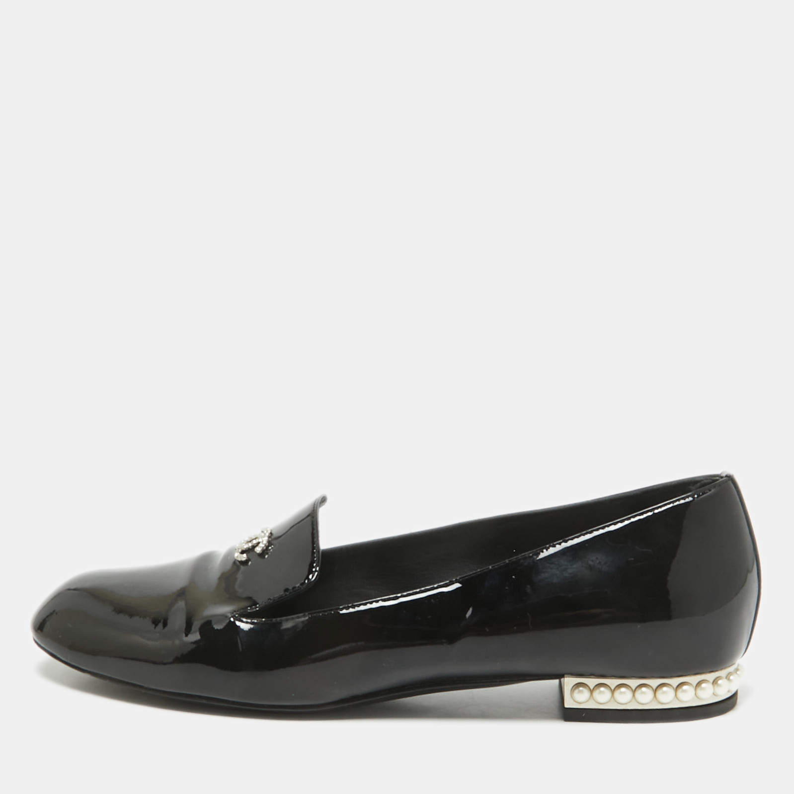 Pre Owned Chanel Black Patent Leather CC Pearl Embellished Smoking Loafers Size 38
