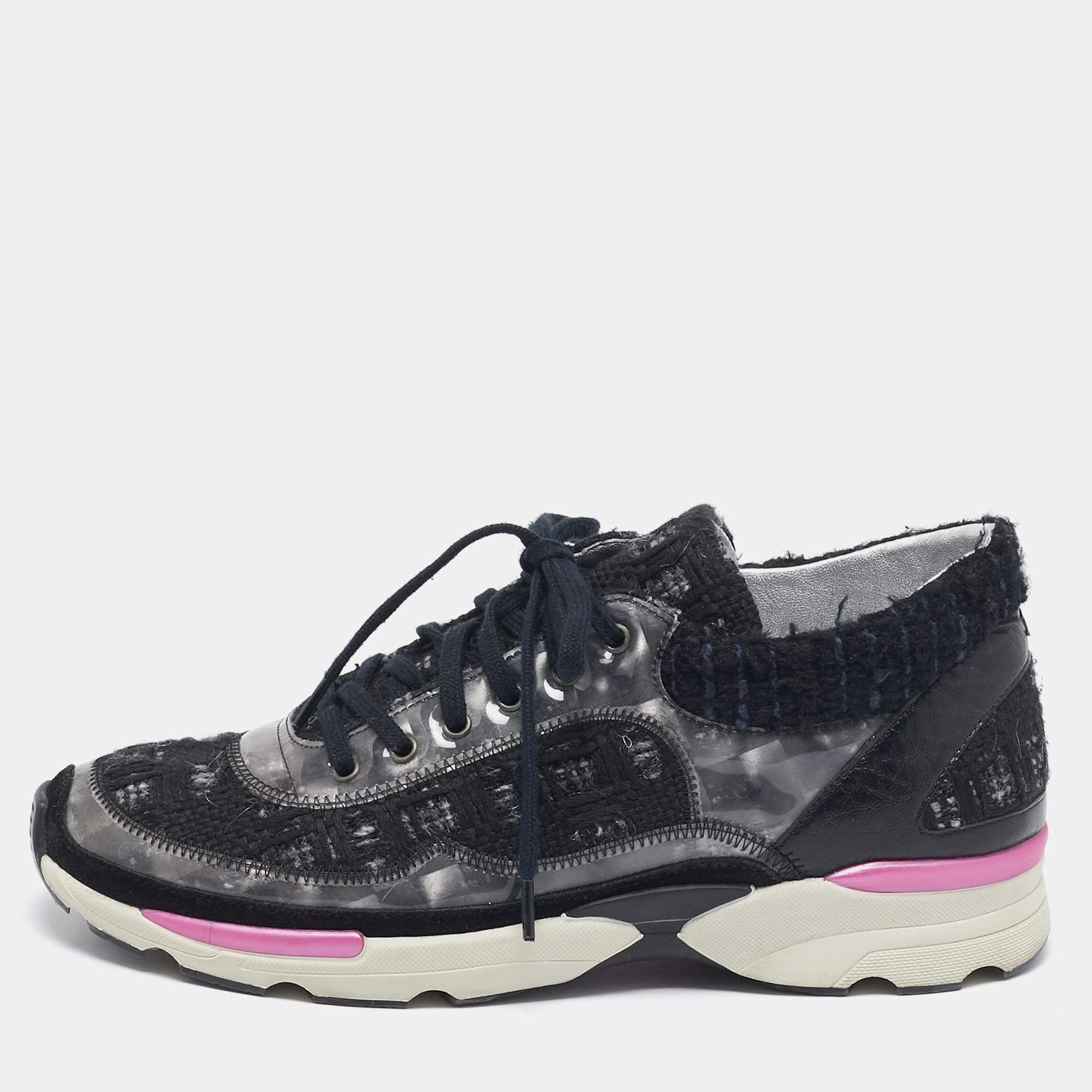 Pre Owned Chanel Black/Grey Tweed and PVC CC Low Top Sneakers Size 38