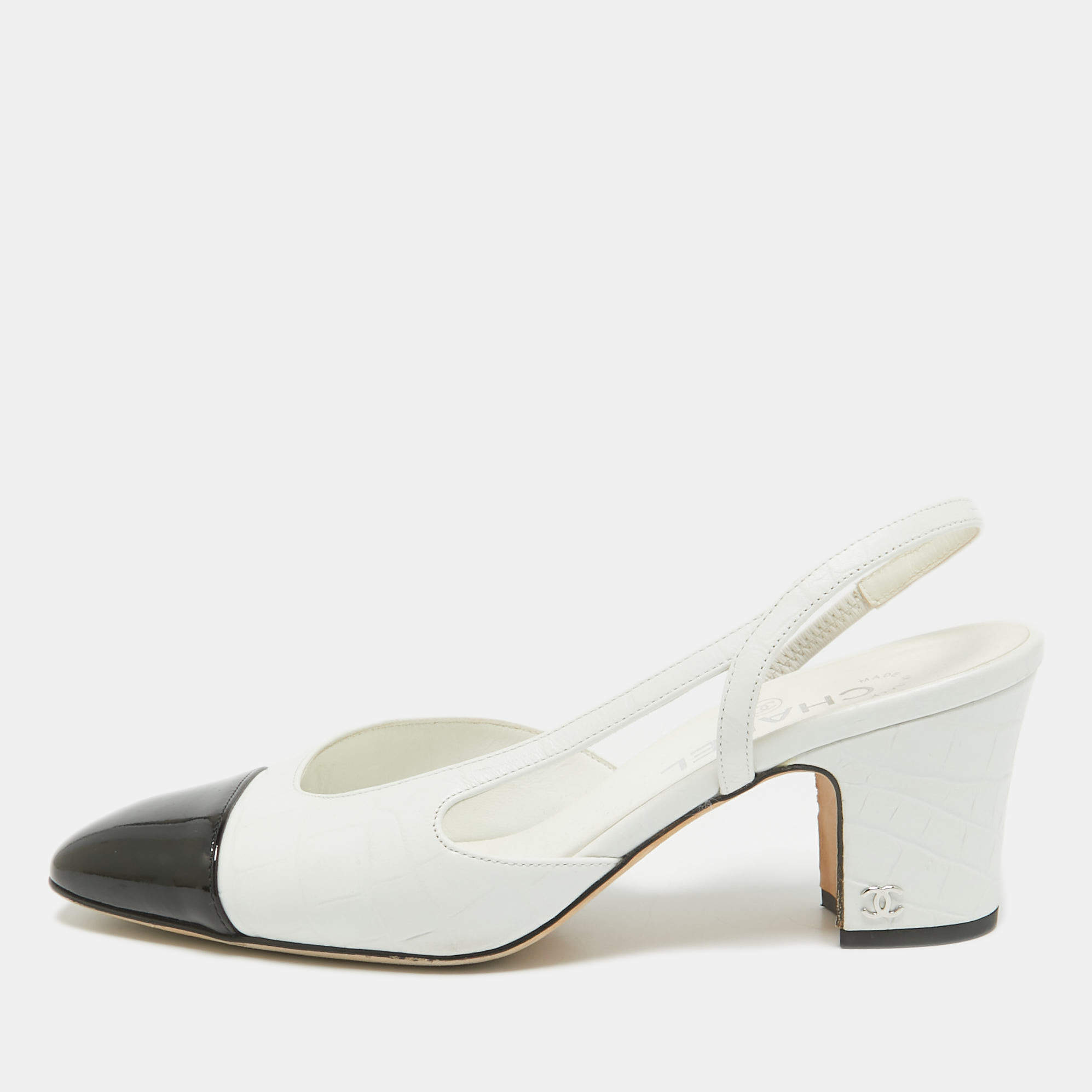 Chanel White/Black Croc Embossed and Patent CC Slingback  Pumps Size 39