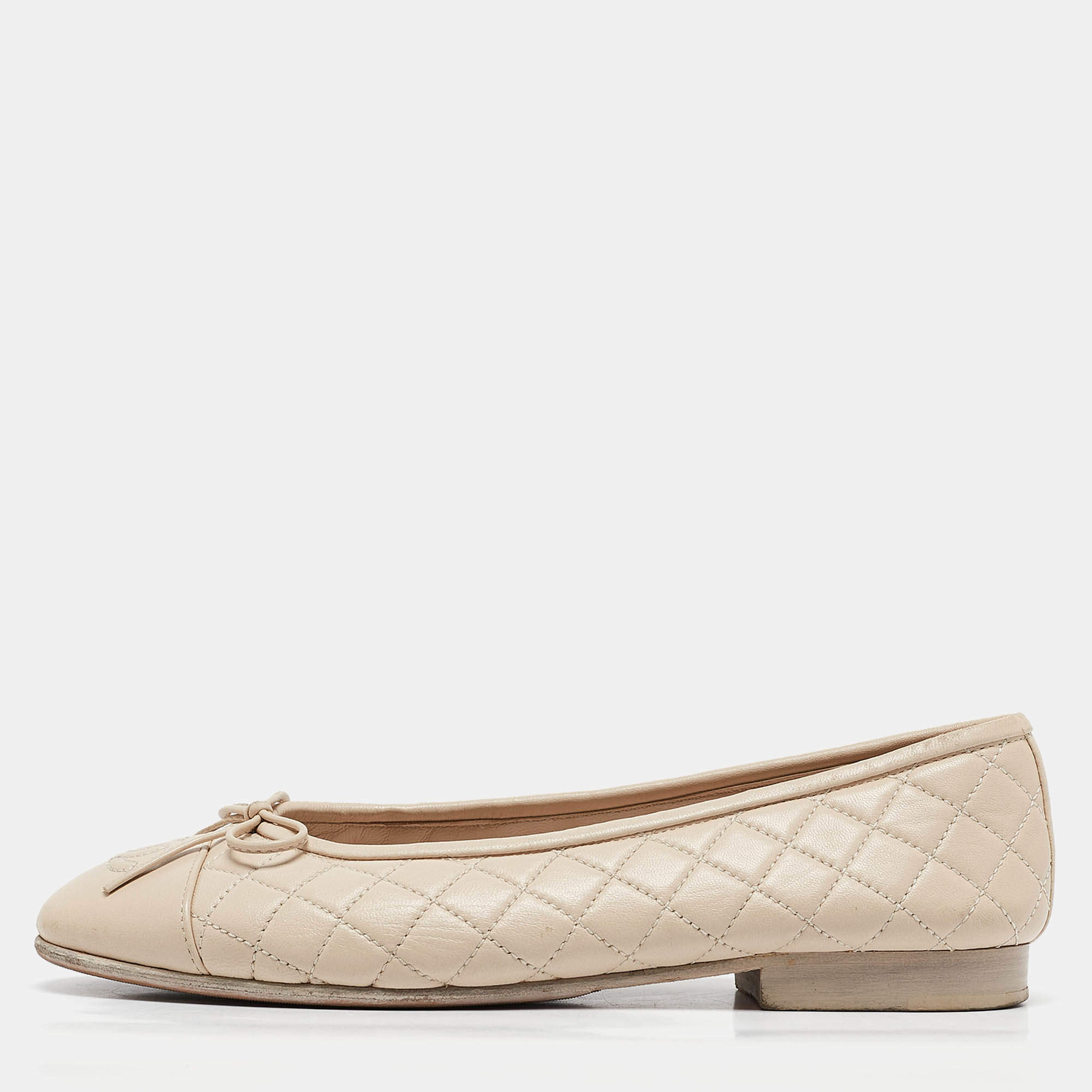 Chanel Cream Quilted Leather CC Bow Ballet Flats Size 36.5