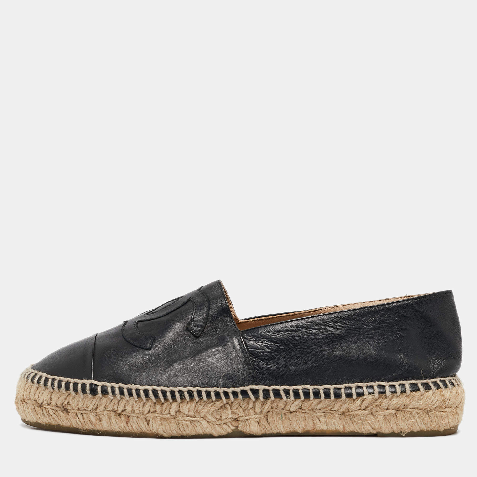 Chanel Black Leather CC Cap Toe Espadrille Flats Size 39