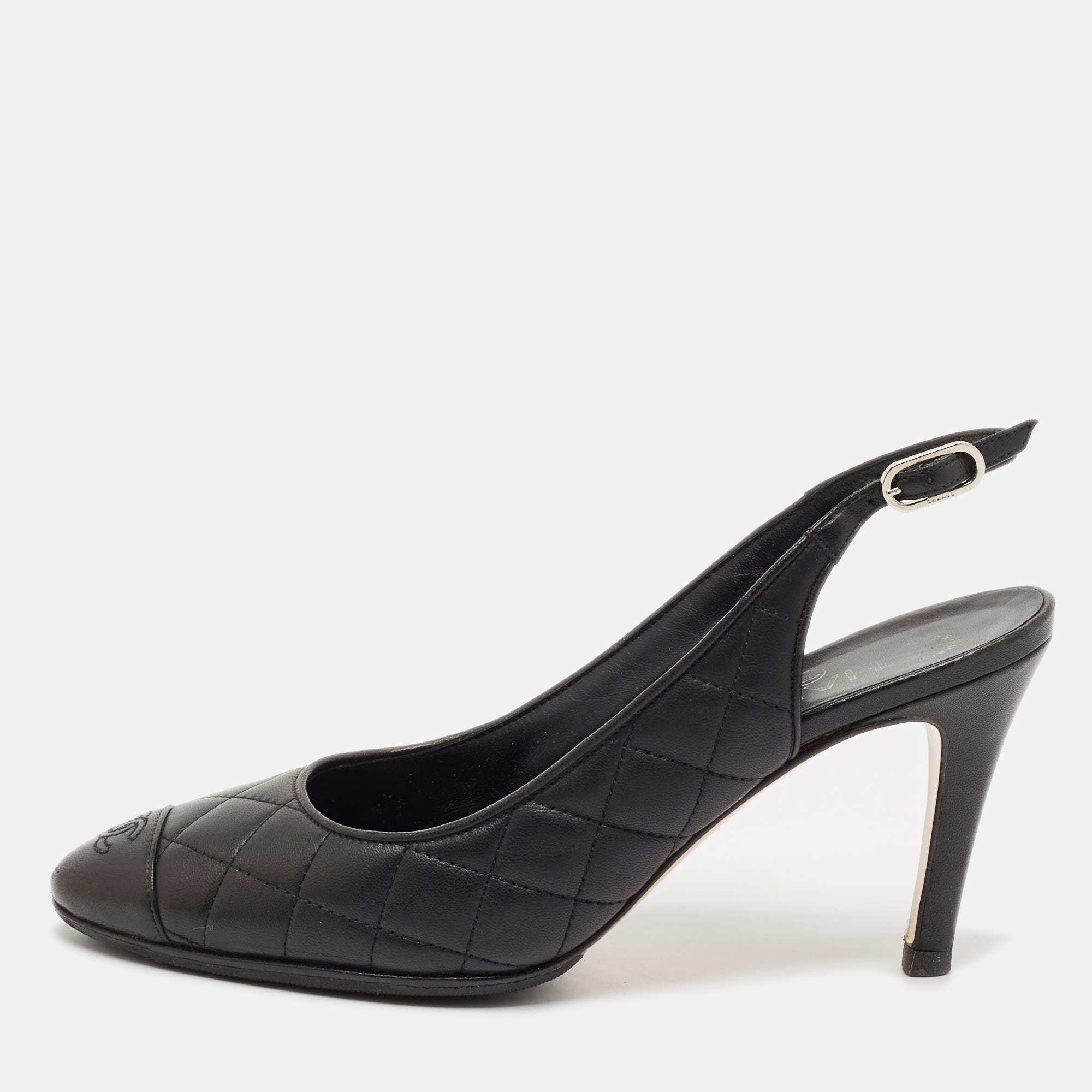 Pre Owned Chanel Black Quilted Leather CC Cap Toe Slingback Pumps Size 38.5