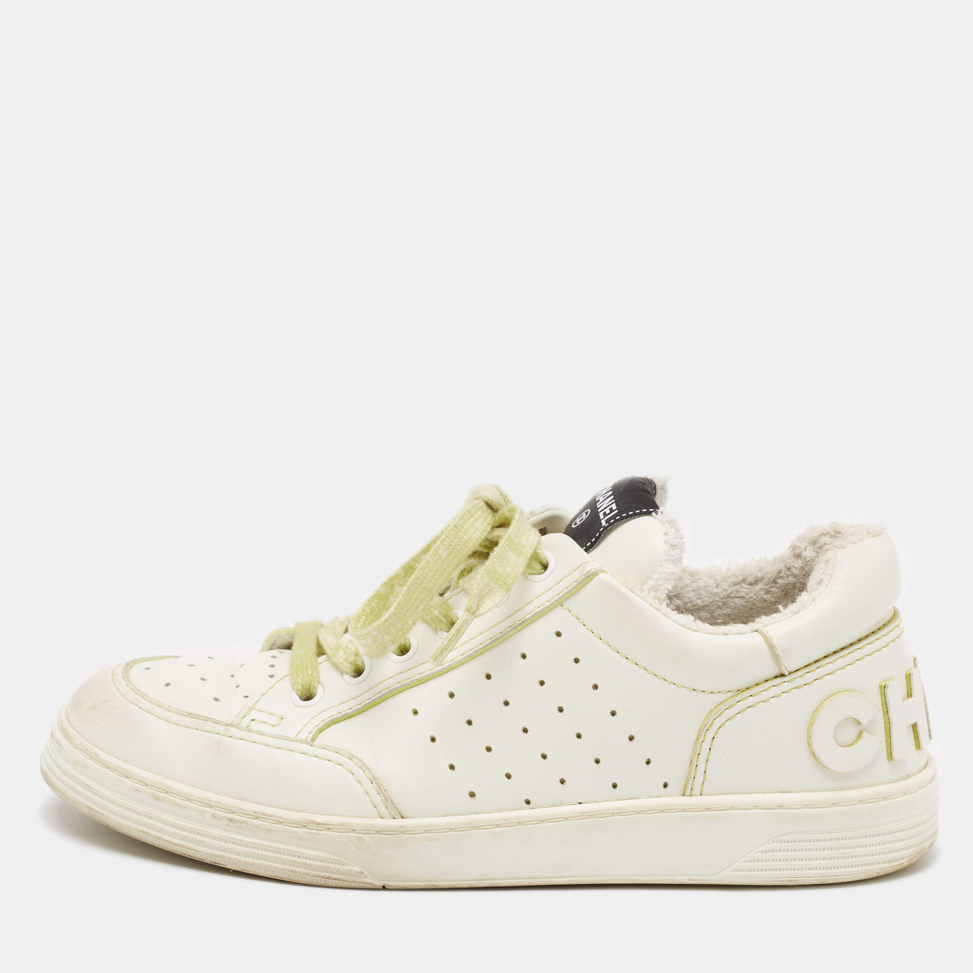 Pre Owned Chanel White Perforated Leather CC Low Top Sneakers Size 38