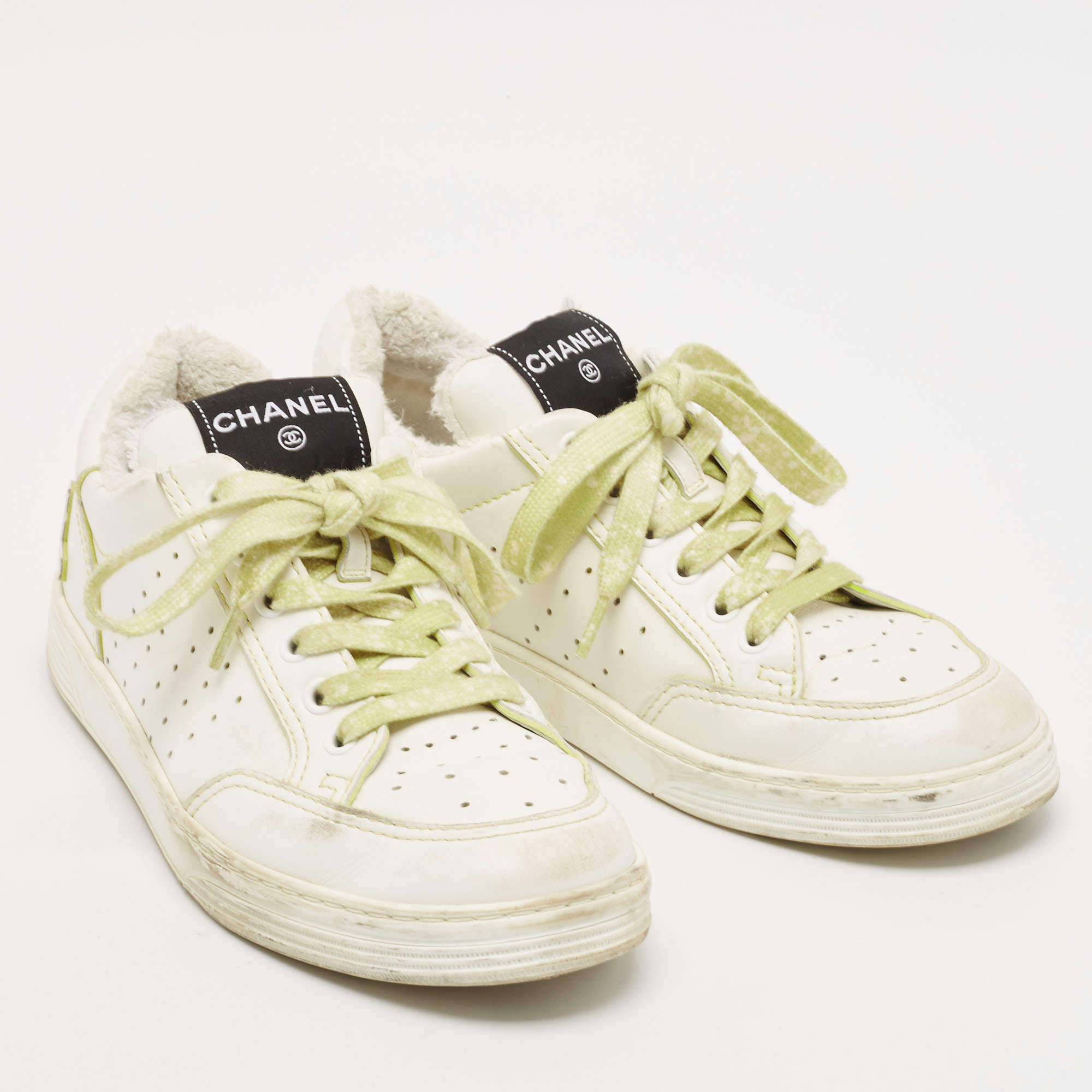 Pre Owned Chanel White Perforated Leather CC Low Top Sneakers Size 38
