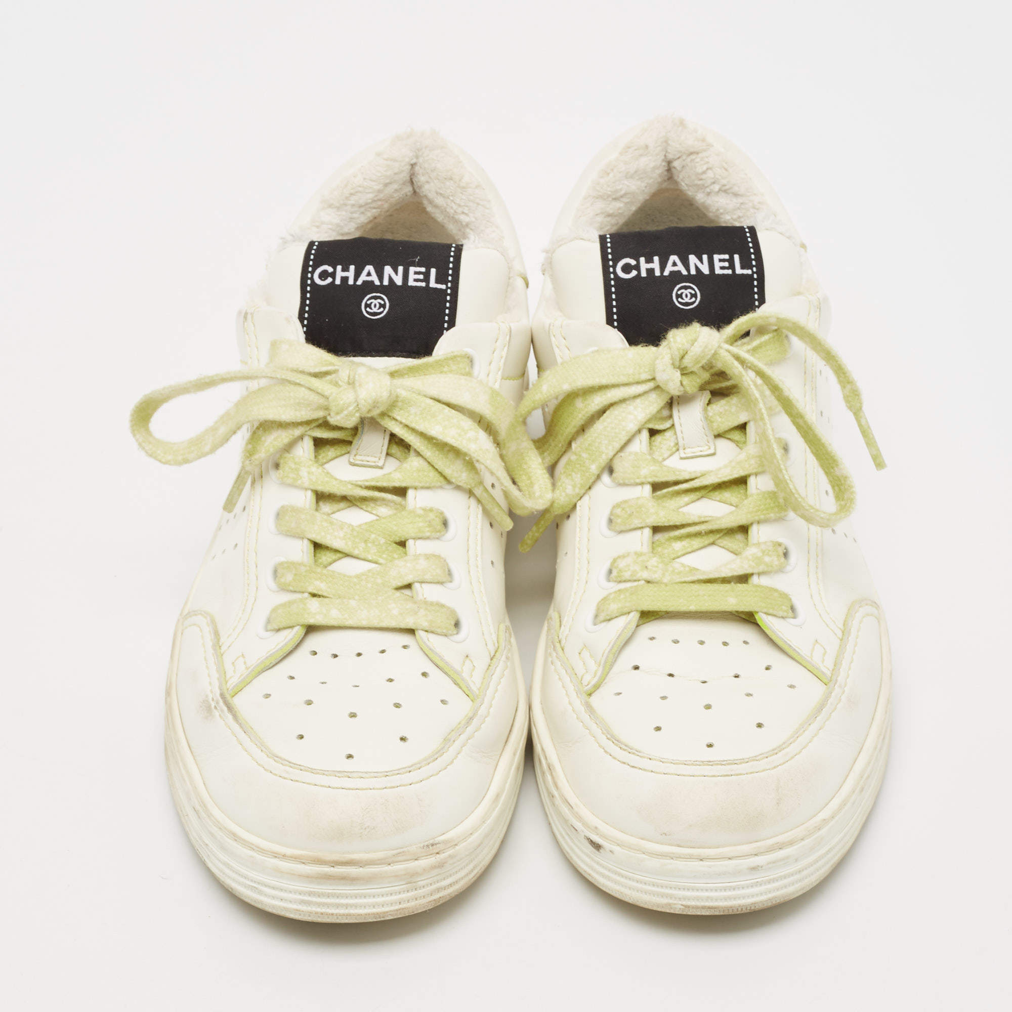 Pre Owned Chanel White Perforated Leather CC Low Top Sneakers Size 38