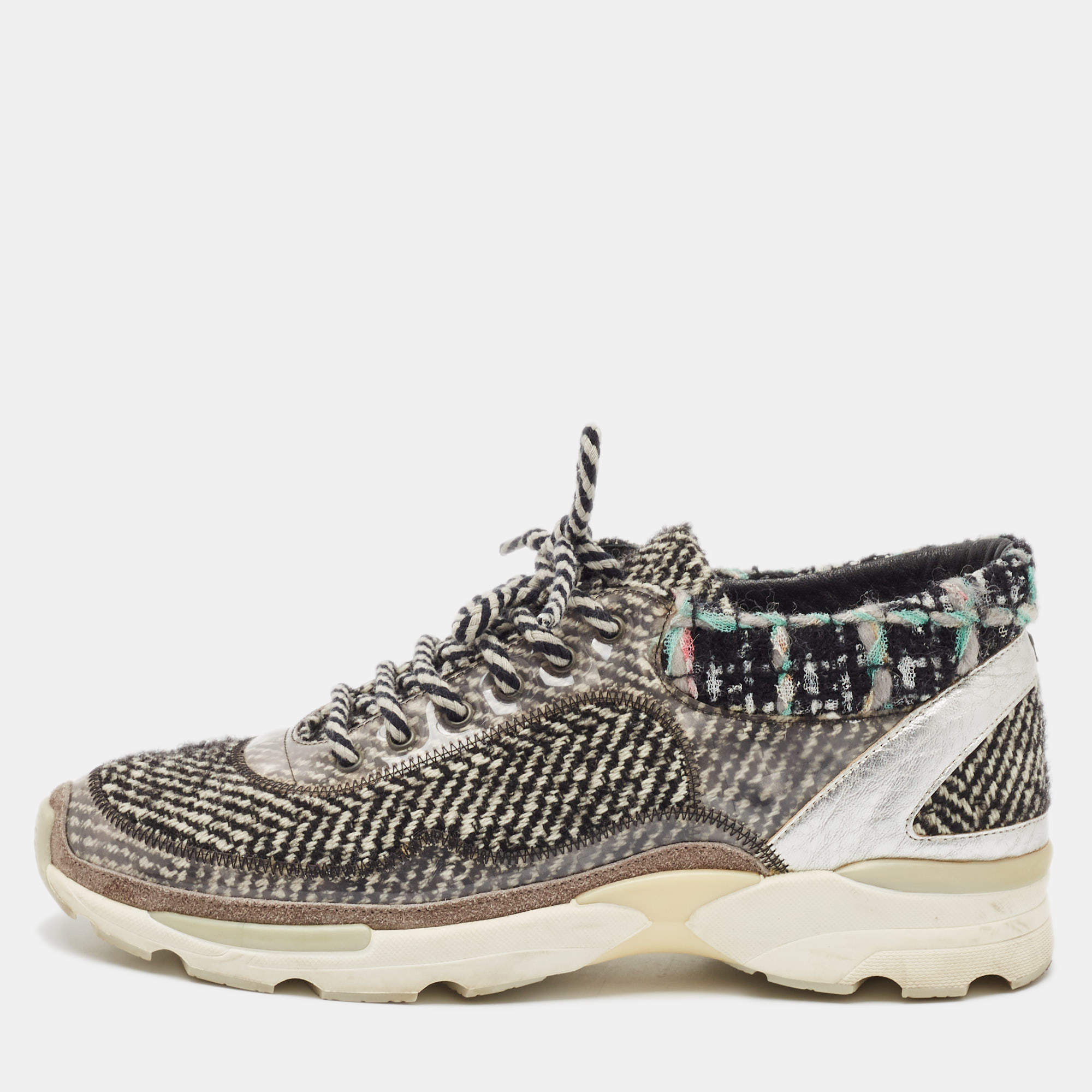 Chanel Multicolor Tweed Fabric And Leather CC Lace Up Sneakers Size 38.5