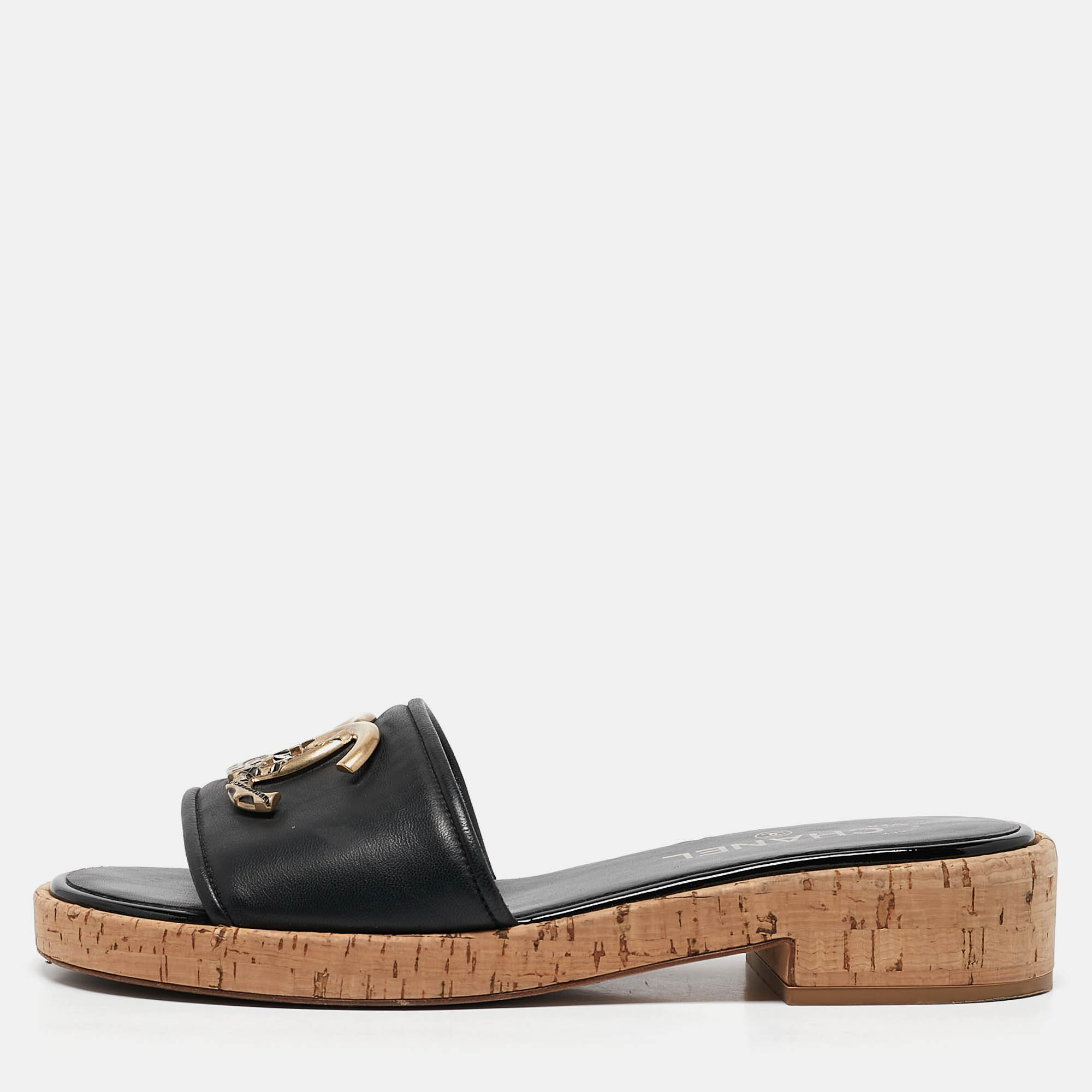 Chanel Black Leather CC Cork Slide Sandals Size 39