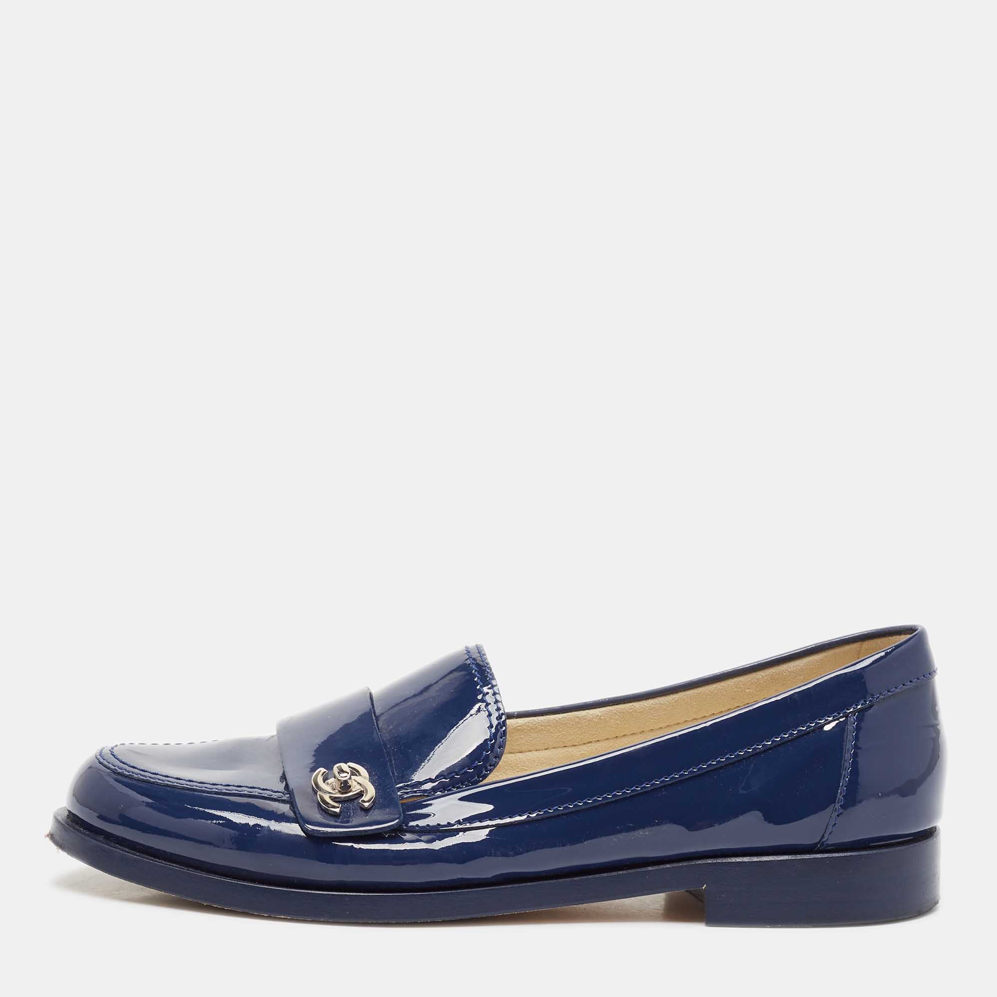 Chanel Blue Patent Leather CC Logo Slip On Loafers Size 38