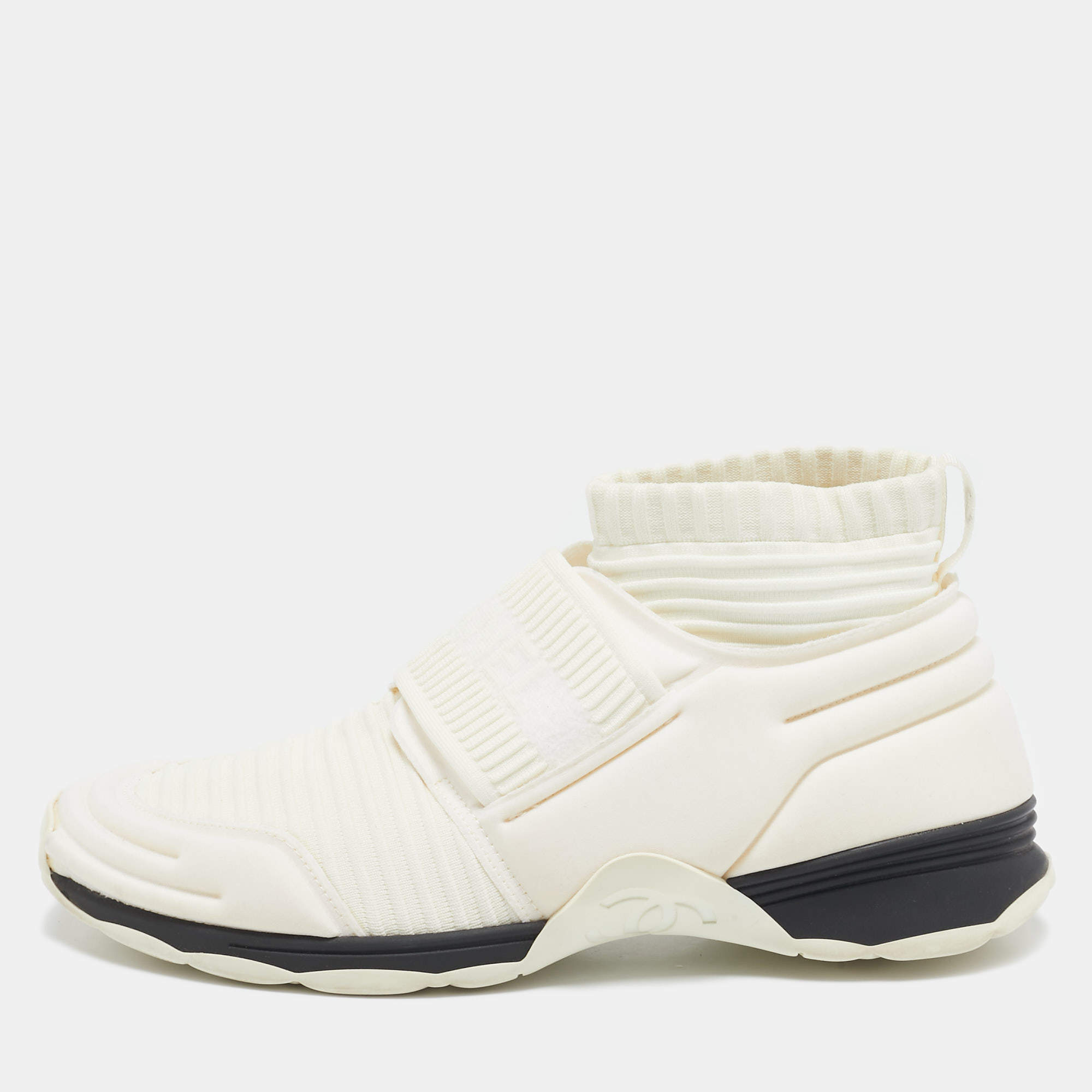 Pre Owned Chanel Off White Stretch Fabric Slip On Sneakers Size 38