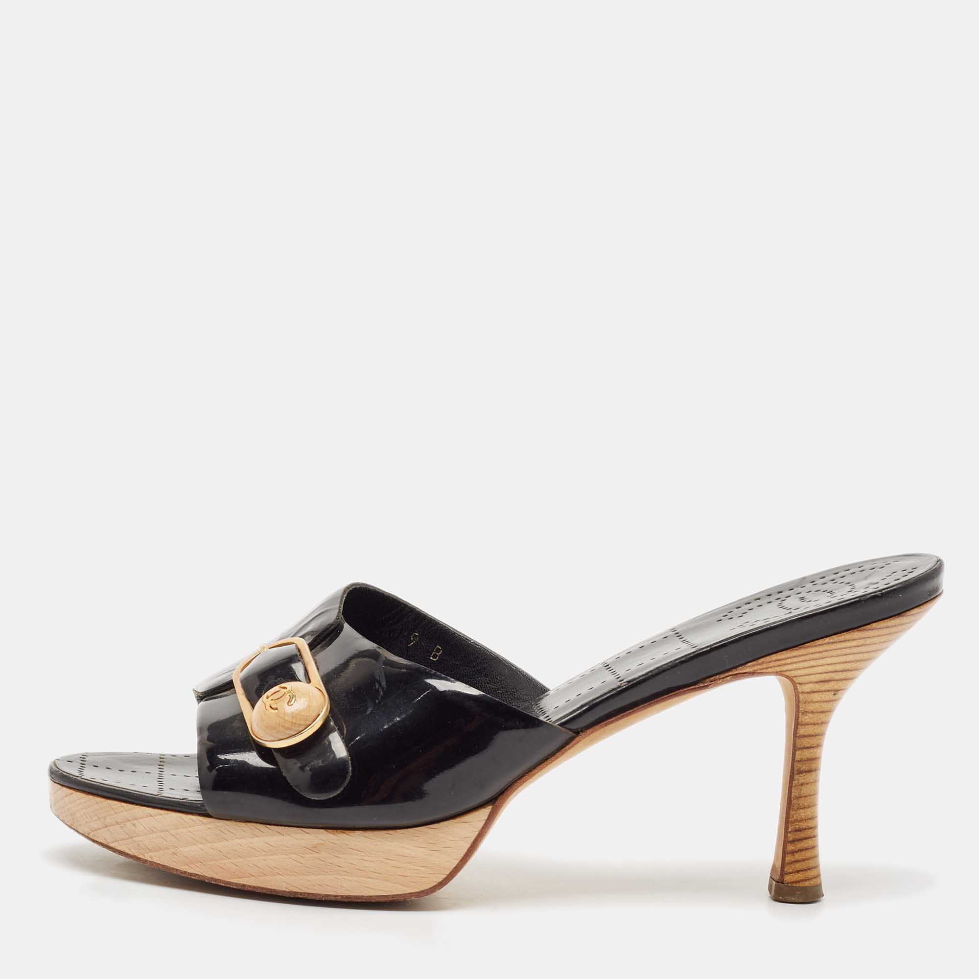 Chanel Vintage Black Patent Leather CC Wooden Platform Clogs Size 39