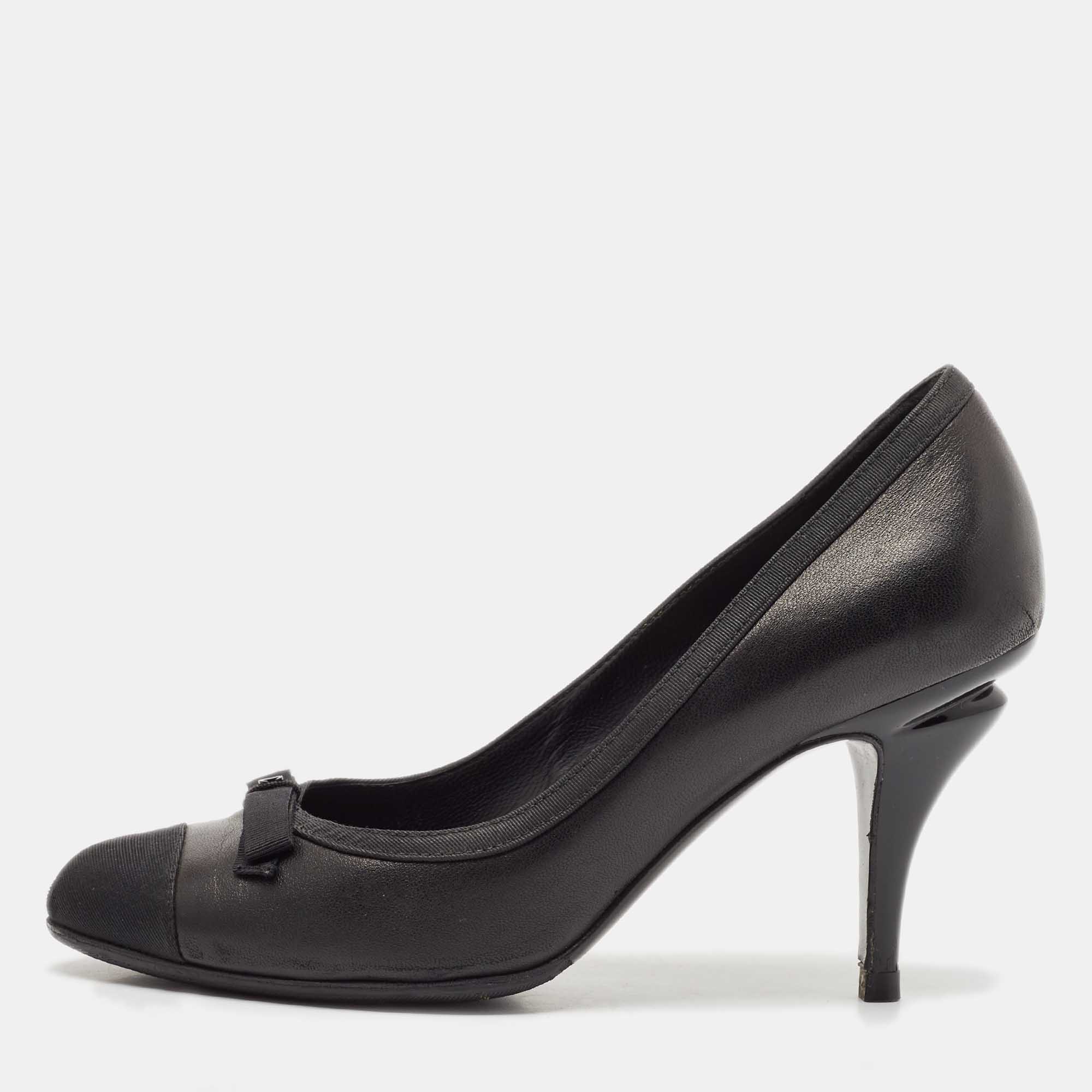 Chanel Black Leather and Fabric Bow CC Cap Toe Pumps Size 36