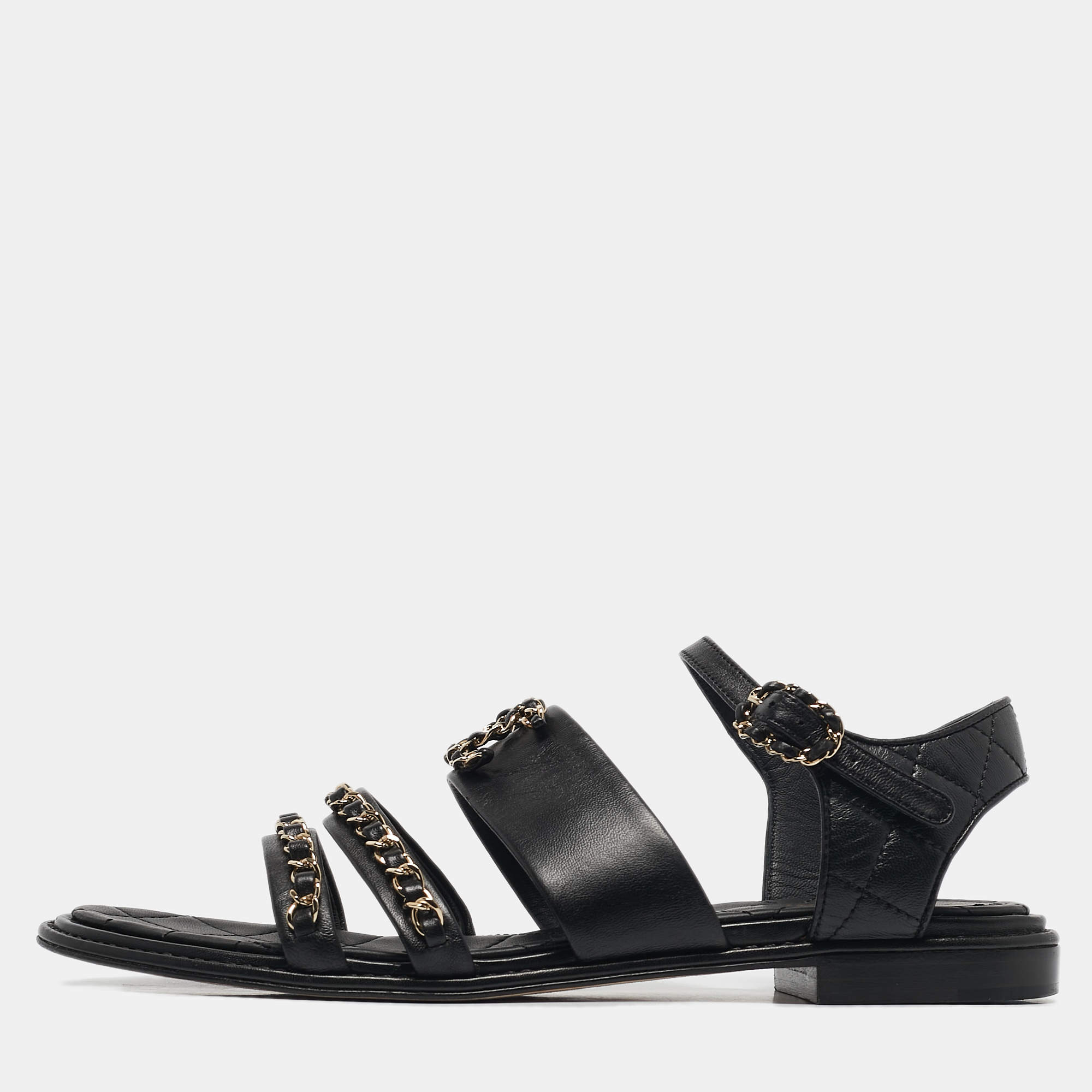 Pre Owned Chanel Black Leather Chain Detail Flat Sandals Size 38.5