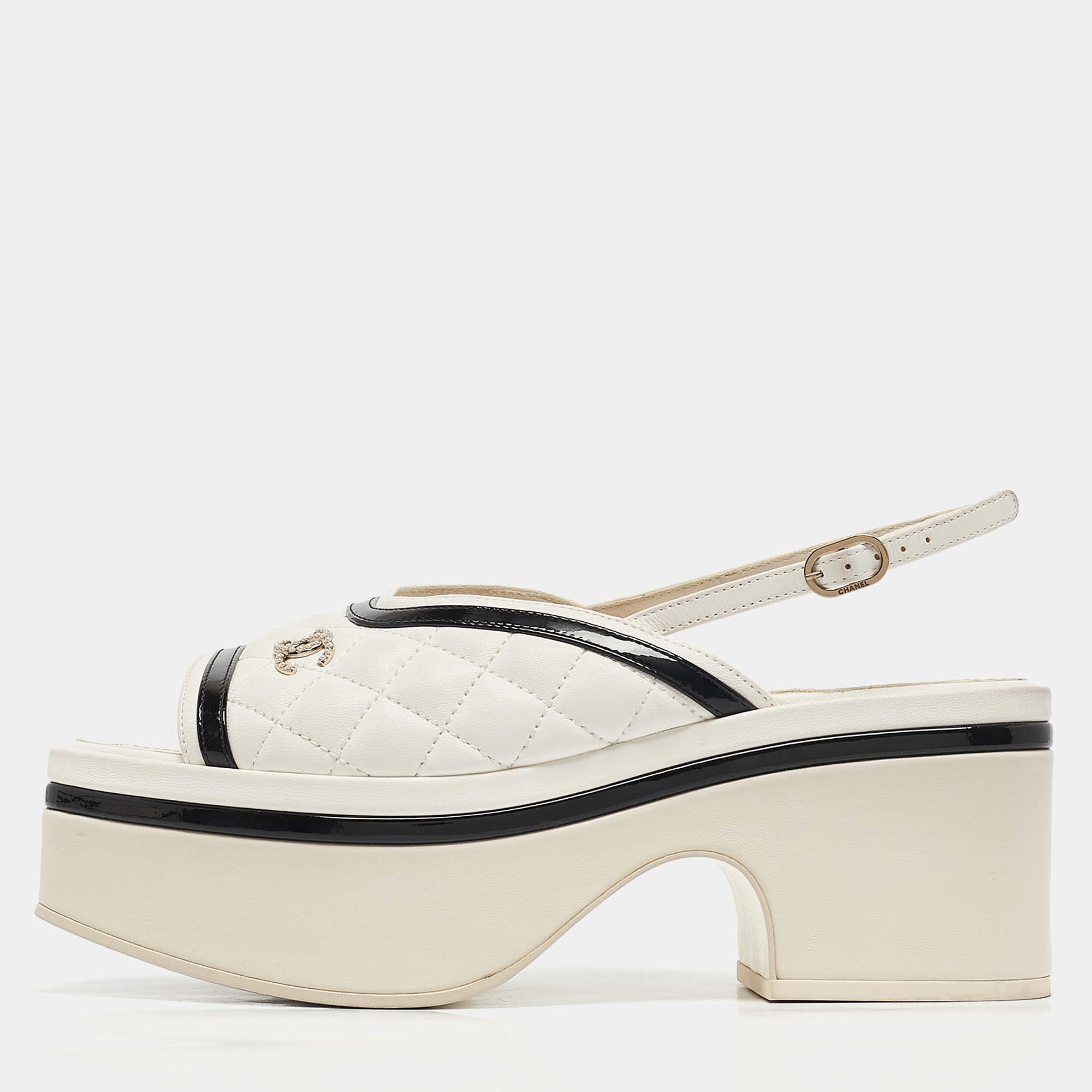 Chanel White/Black Leather and Patent Leather Slingback Sandals Size 37