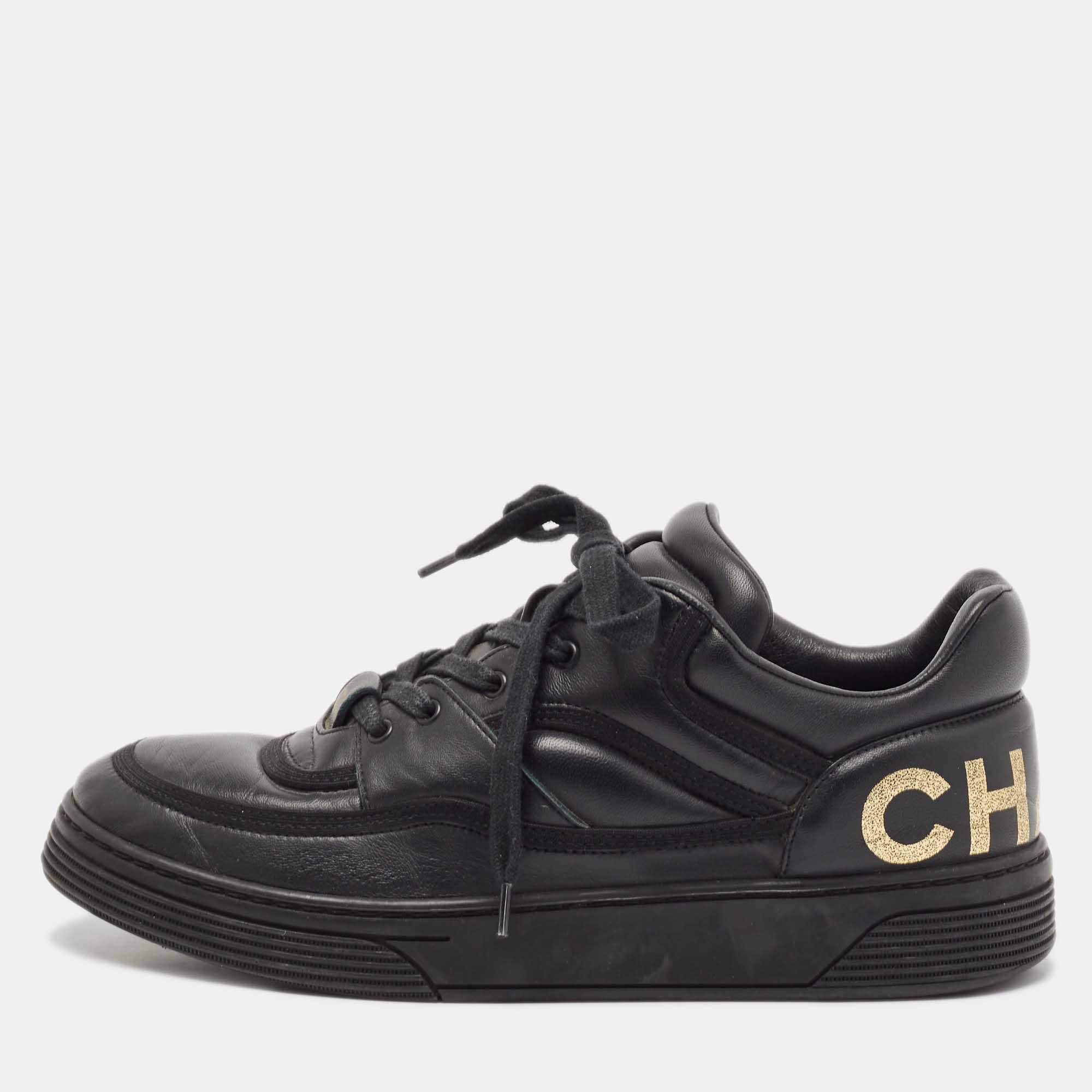 Chanel Black Leather Perforated CC Lace Up Sneakers Size 38
