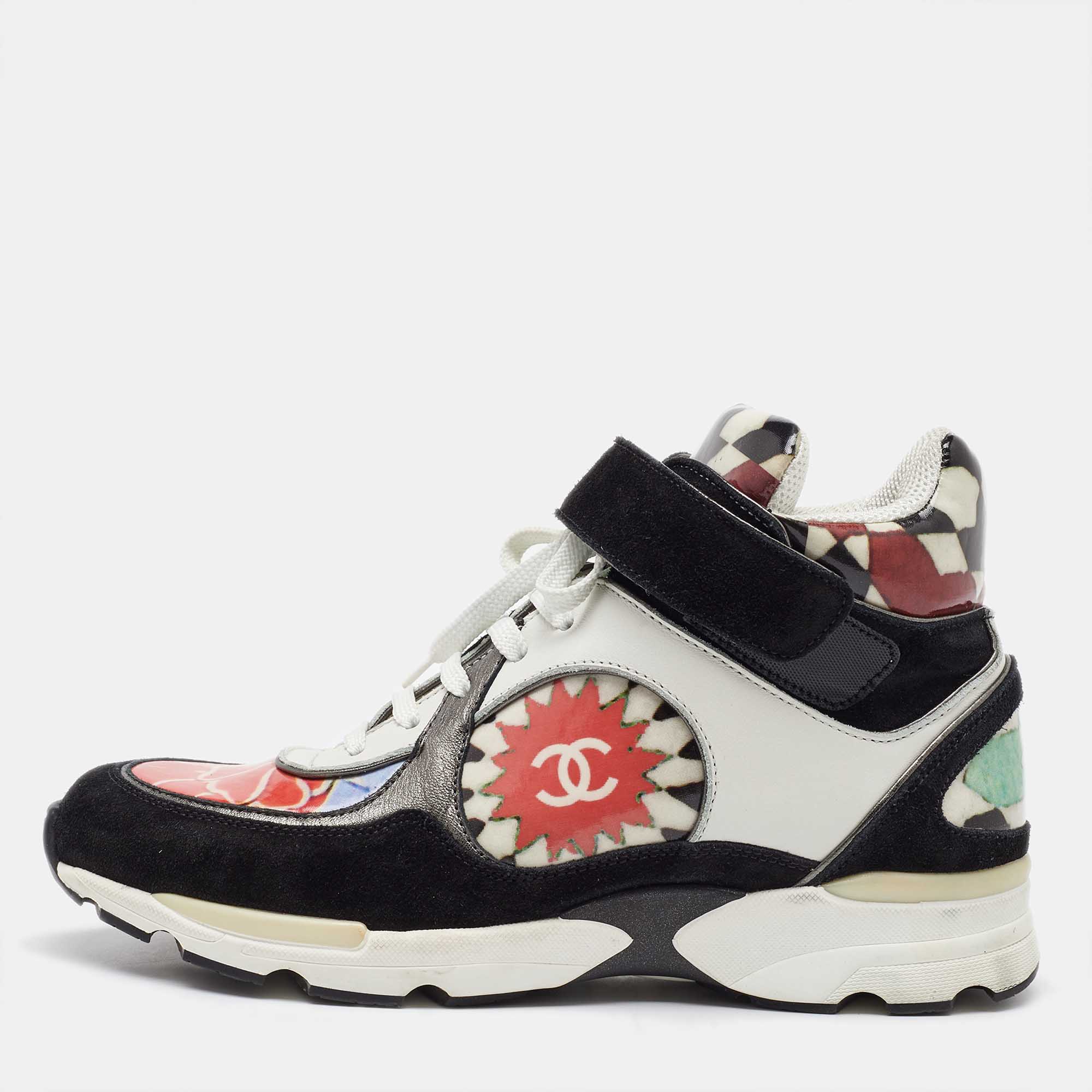 Pre Owned Chanel Multicolor Printed Leather and Suede CC High Top Sneakers Size 37