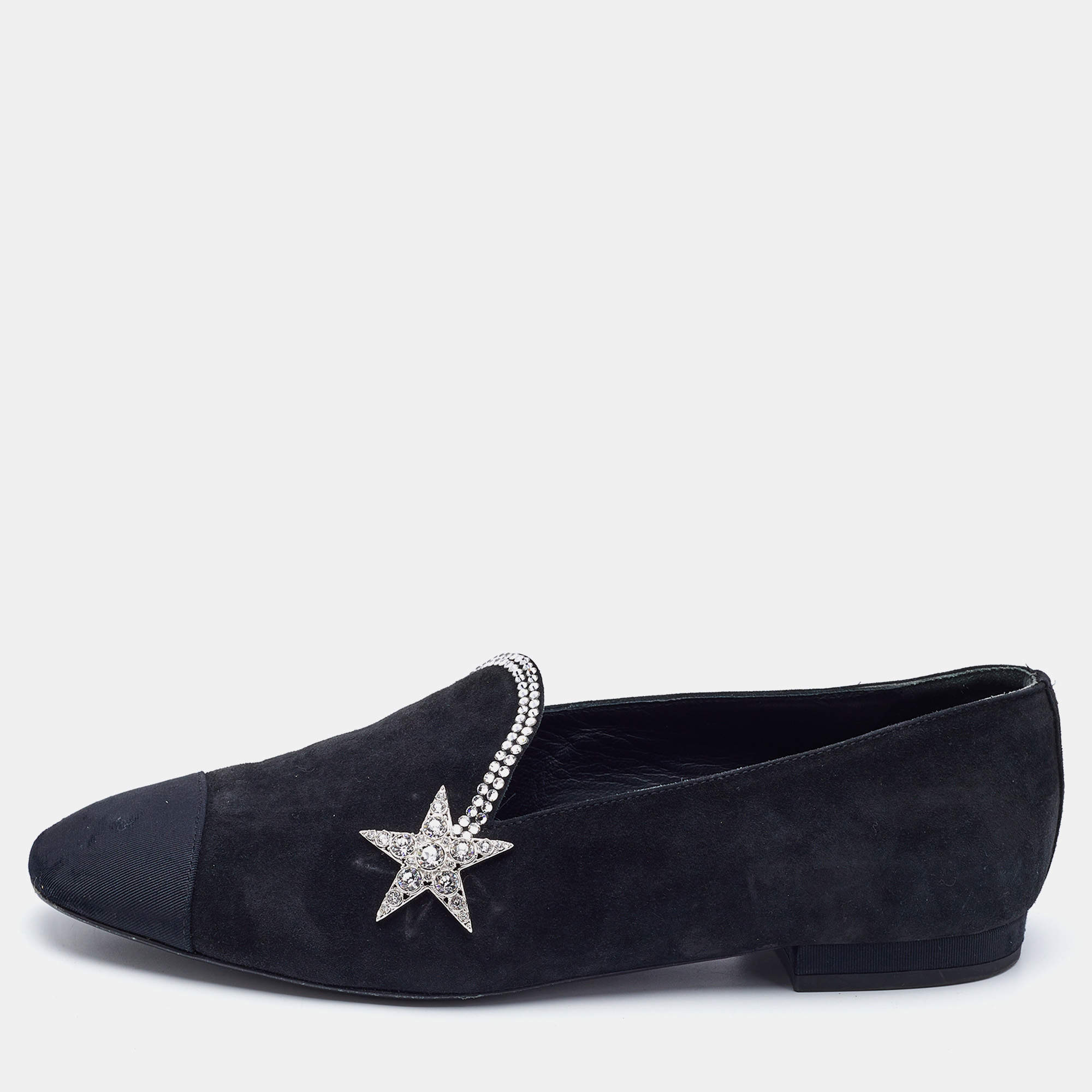 Chanel Black Canvas and Suede Star and Crystal Embellished Ballet Flats Size 36.5