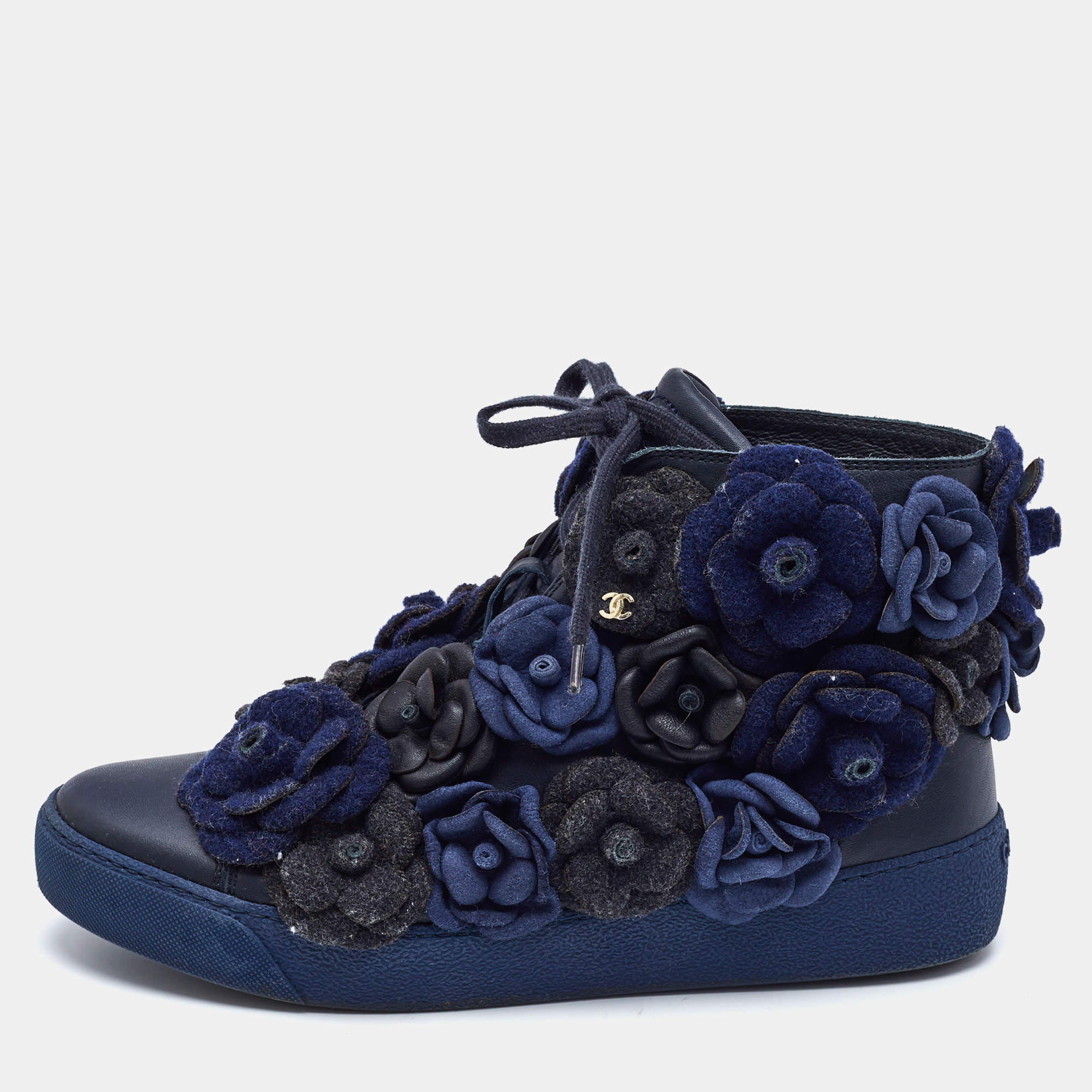 Chanel Black/Blue Leather CC Camellia High Top Sneakers Size 38