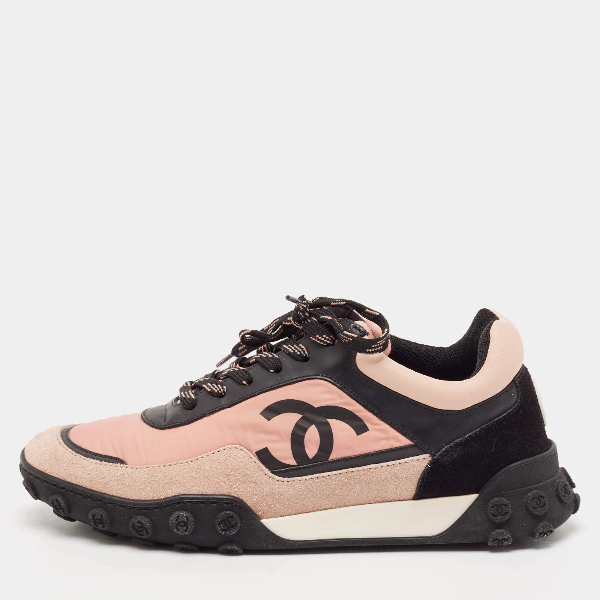 Chanel Multicolor Nylon and Suede Logo Lace Up Sneakers Size 37.5